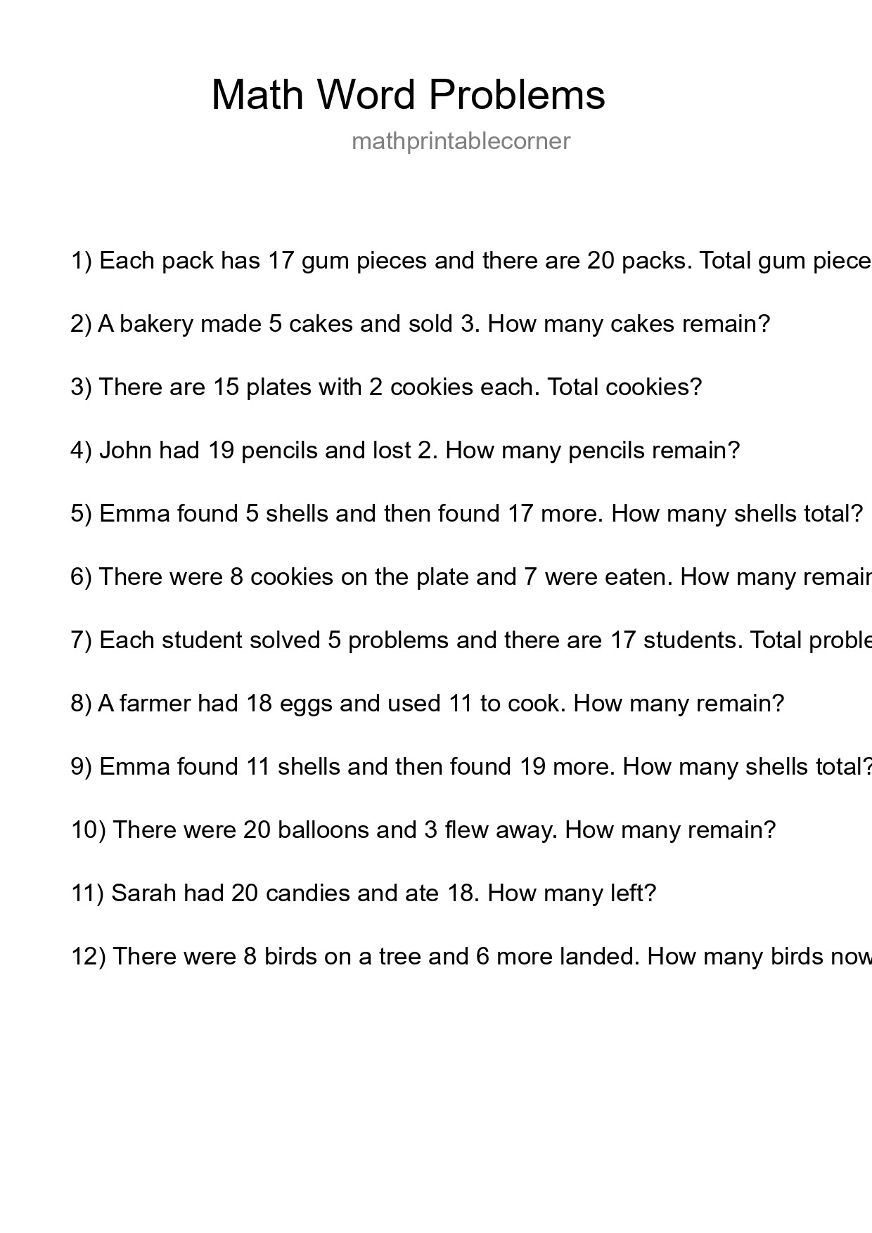 Math Word Problem Worksheet