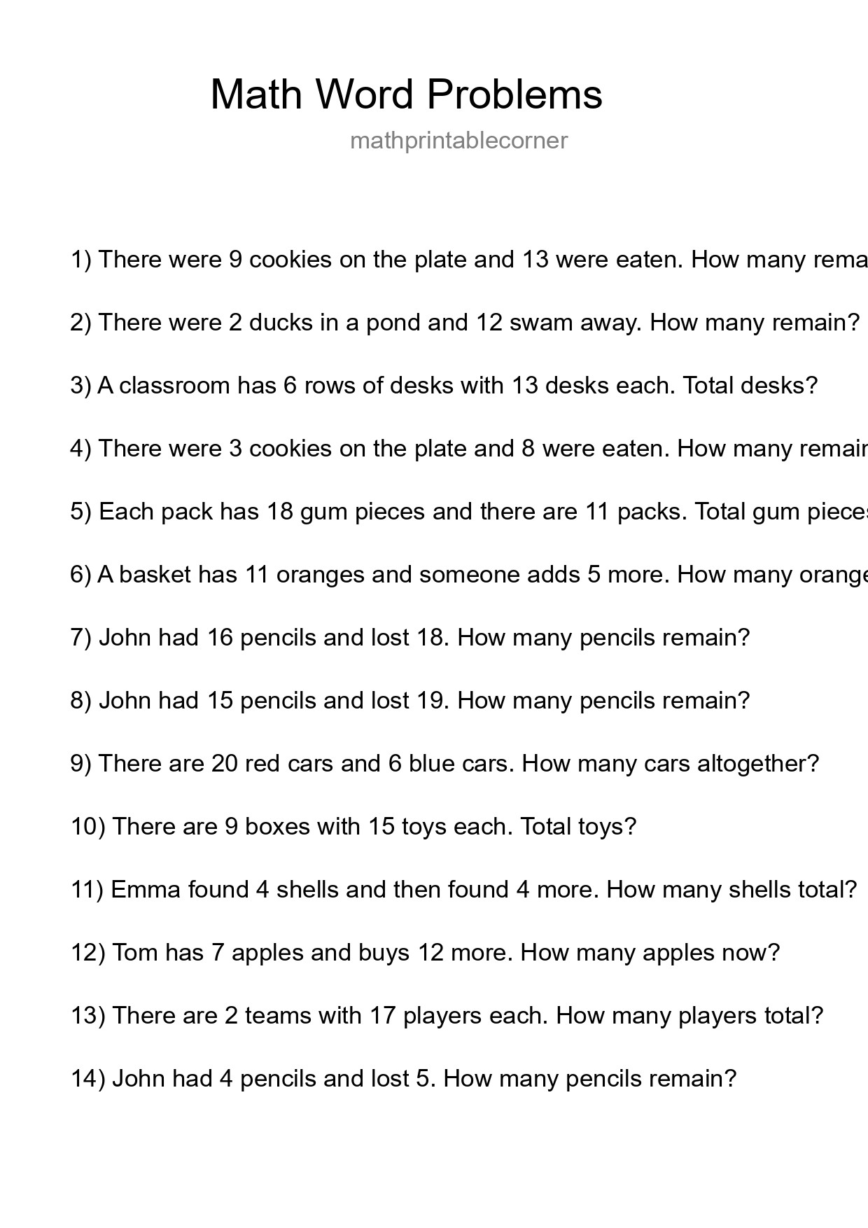 Math Word Problem Worksheet