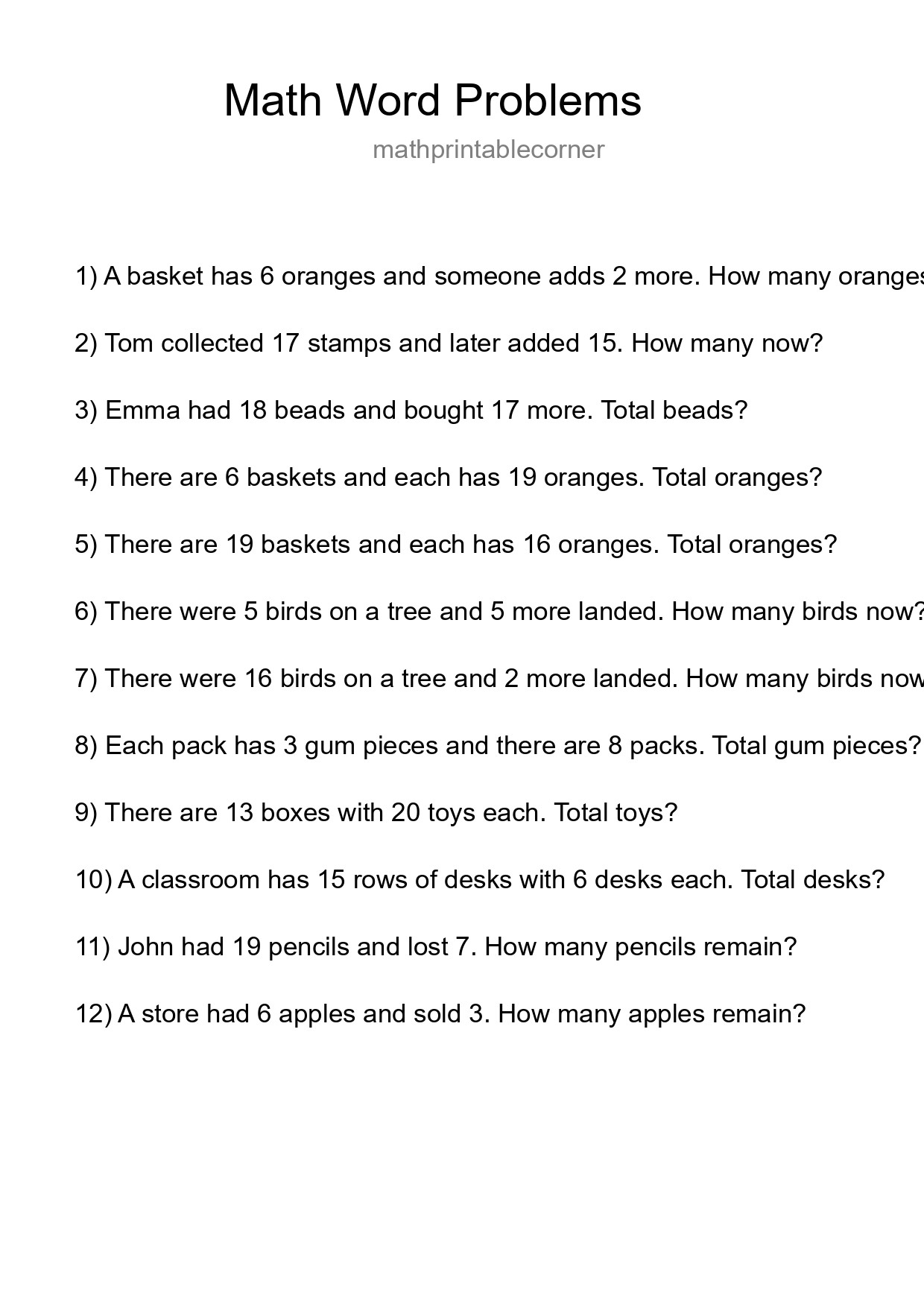 Math Word Problem Worksheet