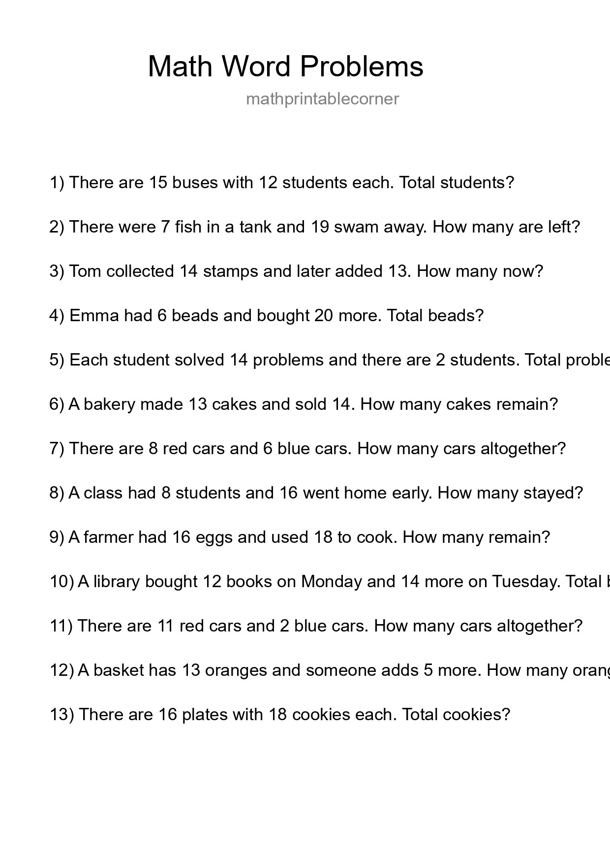 Math Word Problem Worksheet