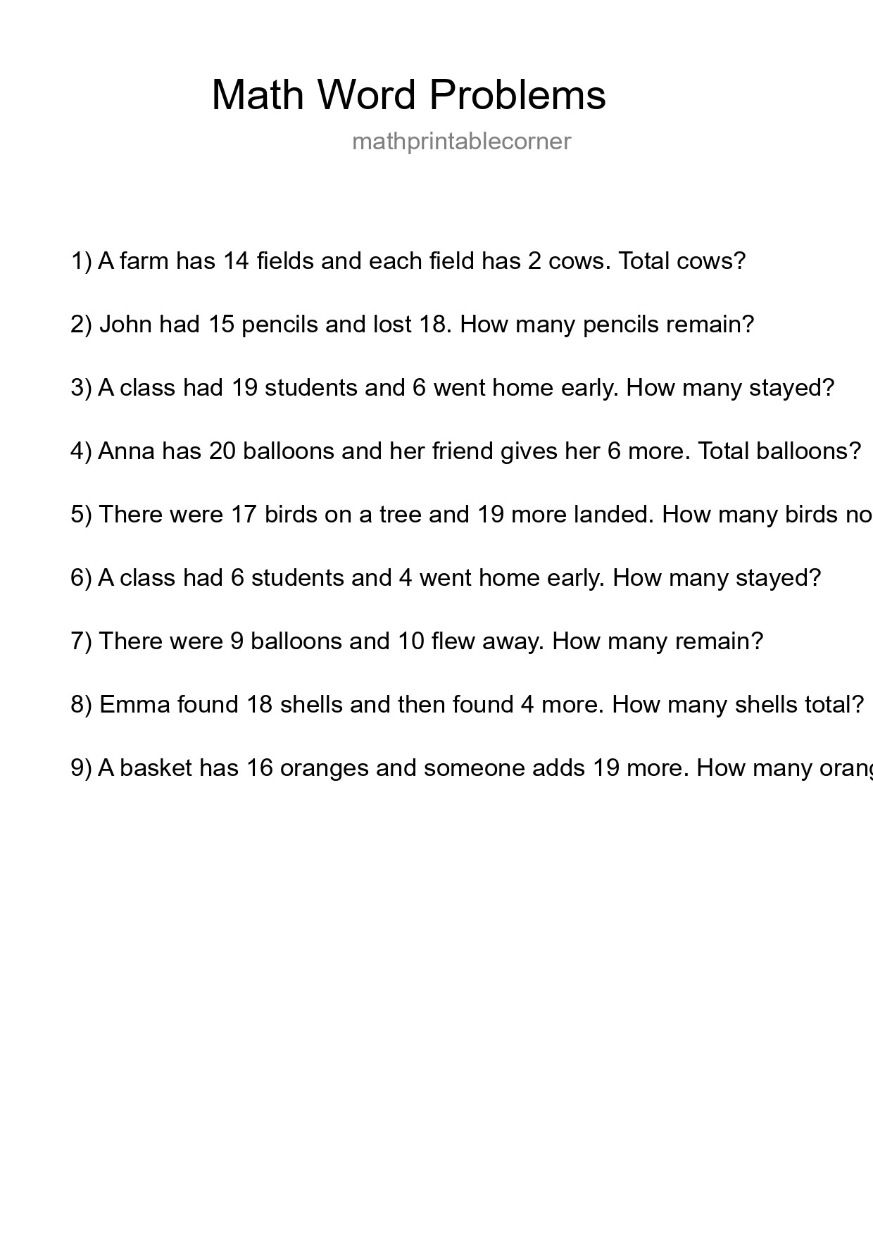Math Word Problem Worksheet