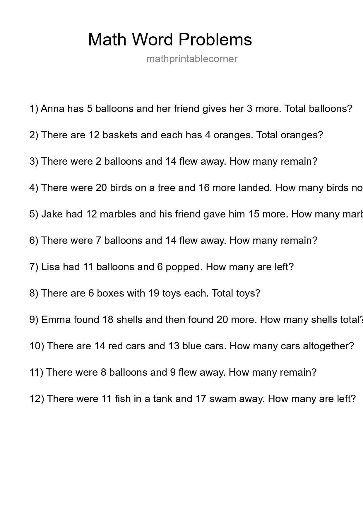 Math Word Problem Worksheet