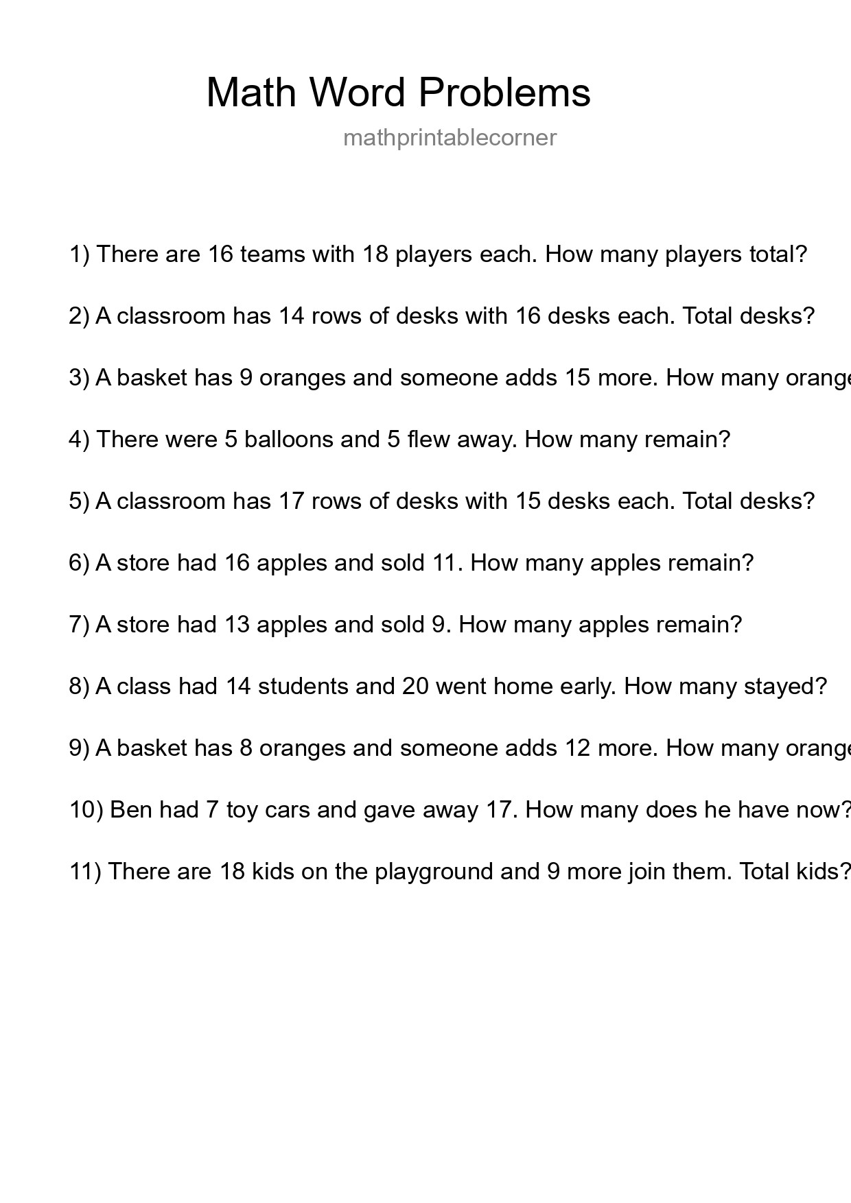 Math Word Problem Worksheet