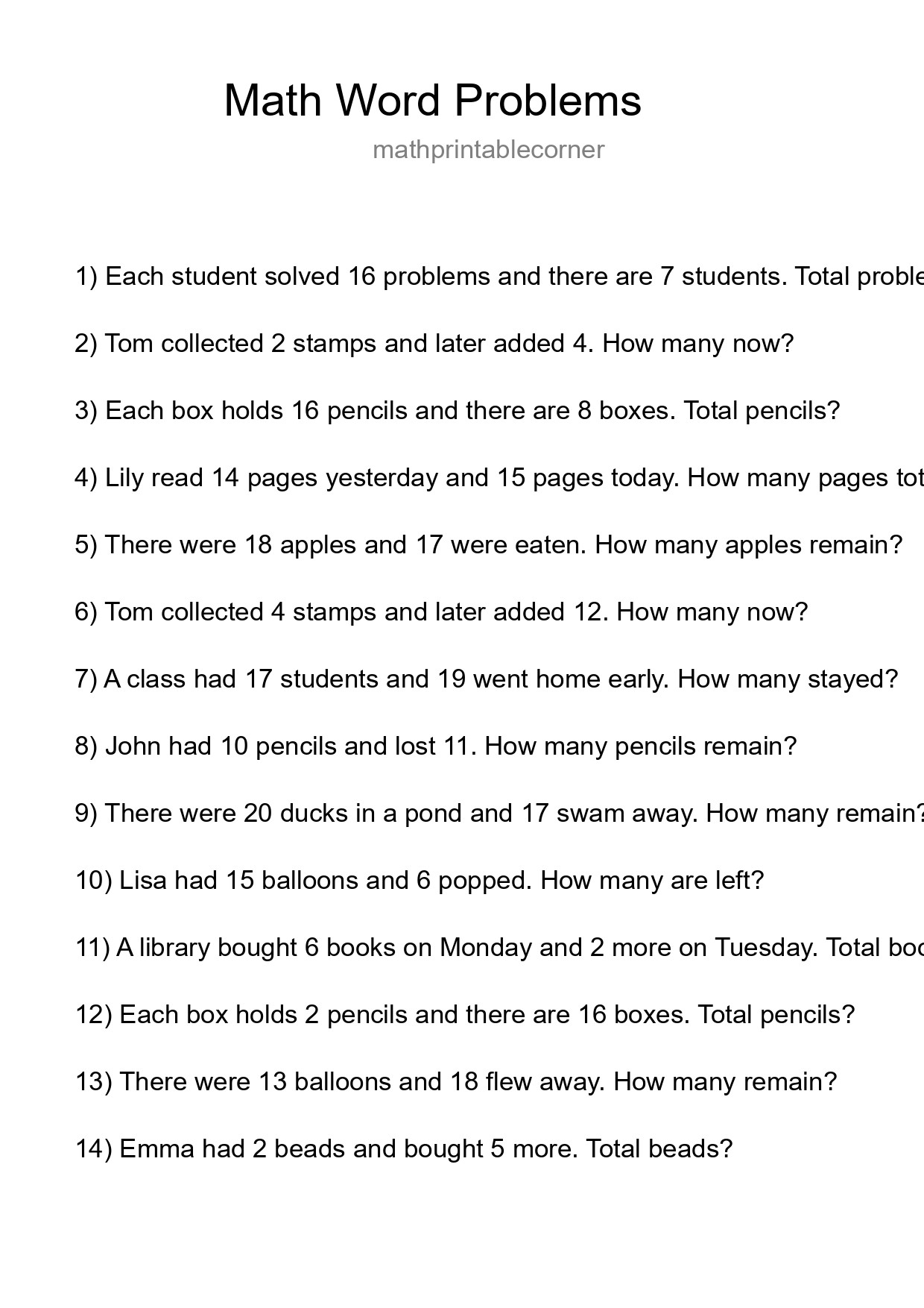 Math Word Problem Worksheet