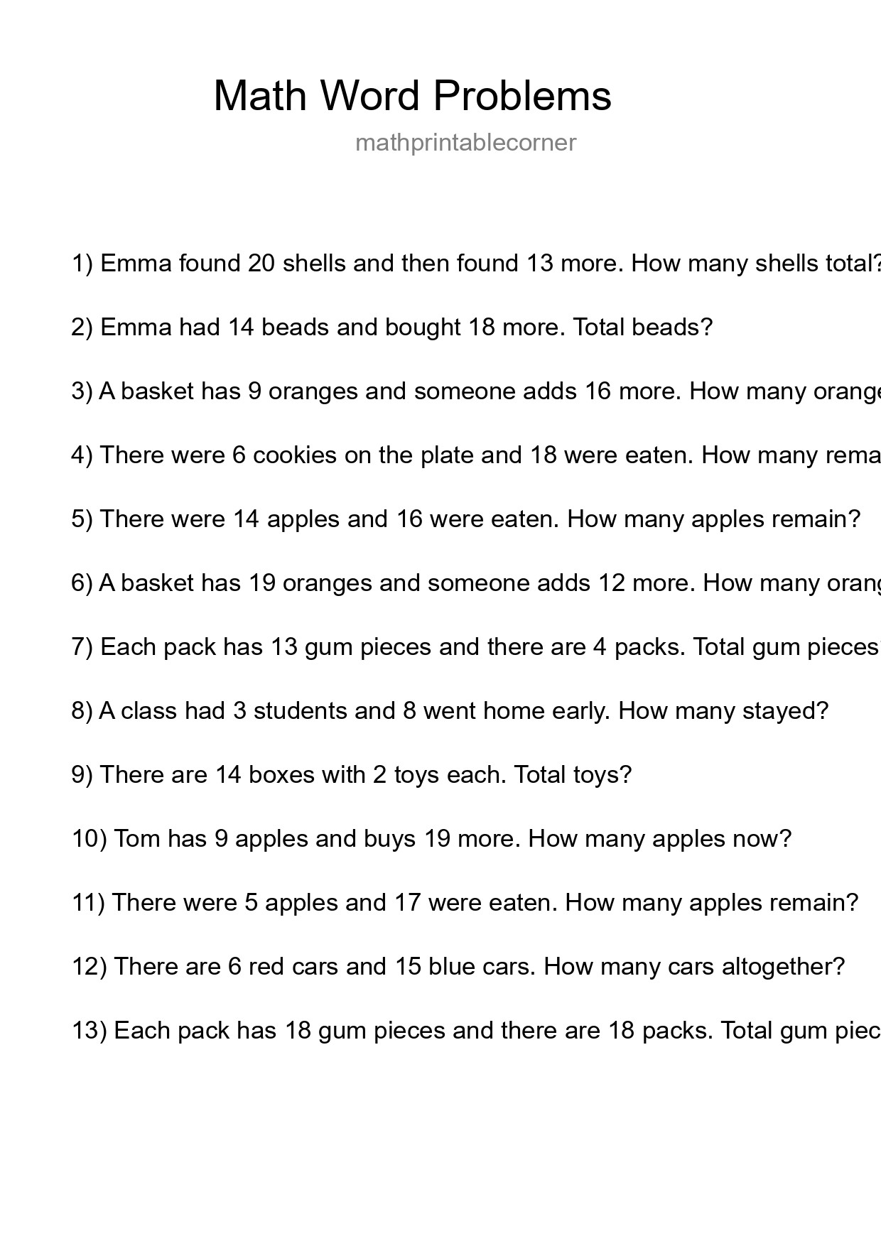 Math Word Problem Worksheet