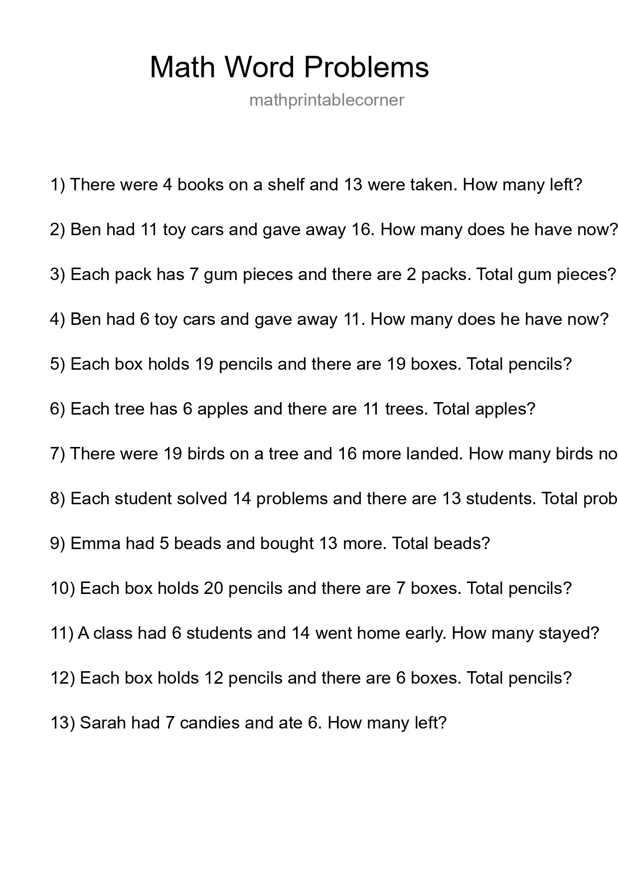Math Word Problem Worksheet