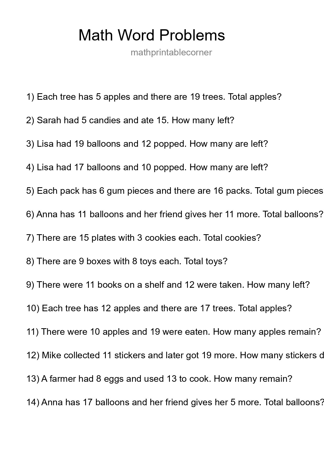 Math Word Problem Worksheet