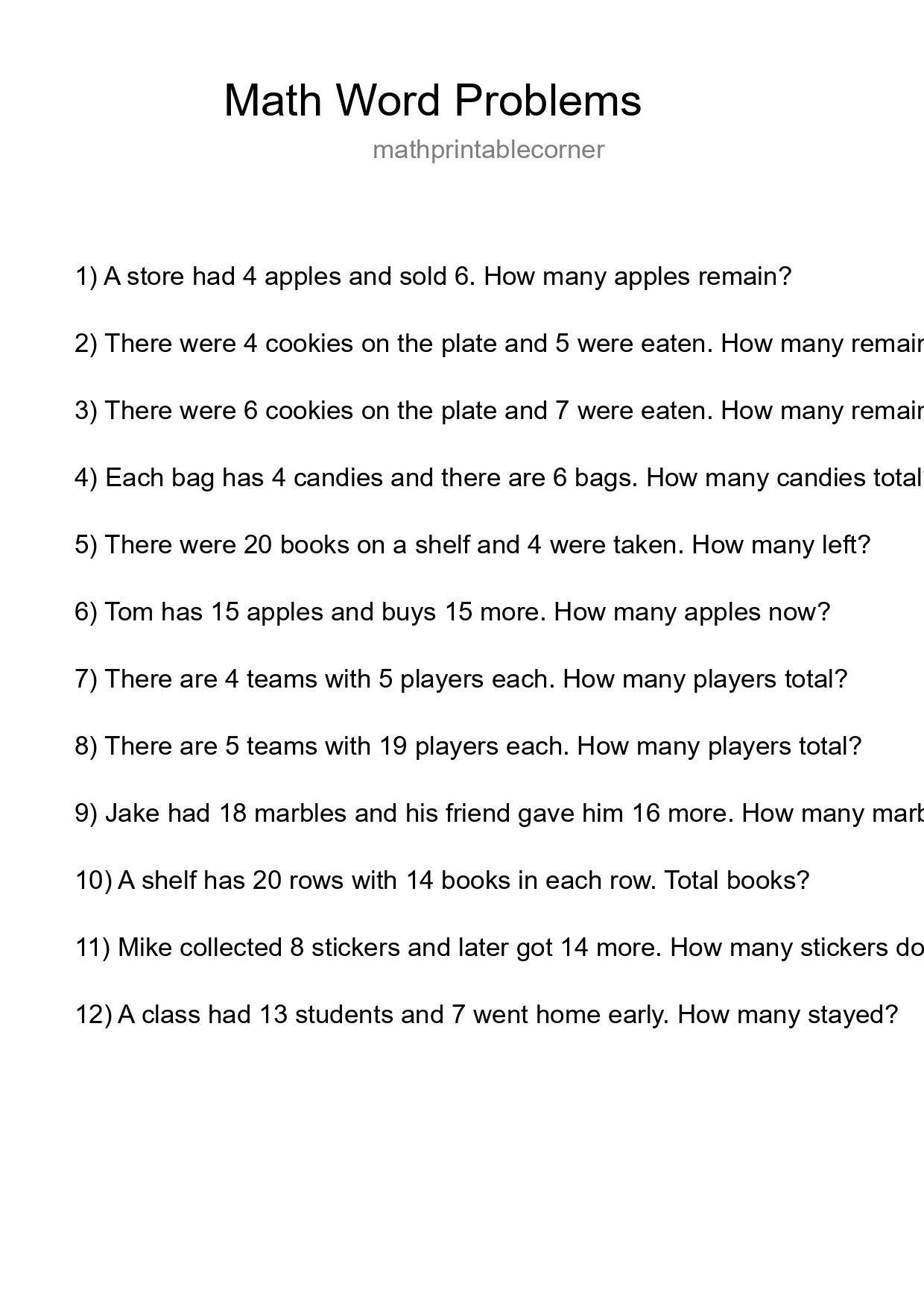 Math Word Problem Worksheet