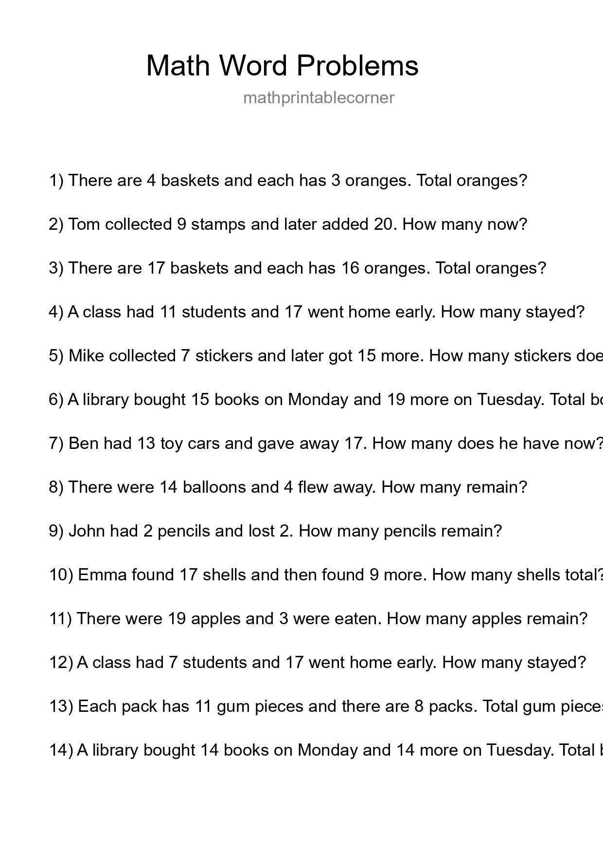 Math Word Problem Worksheet