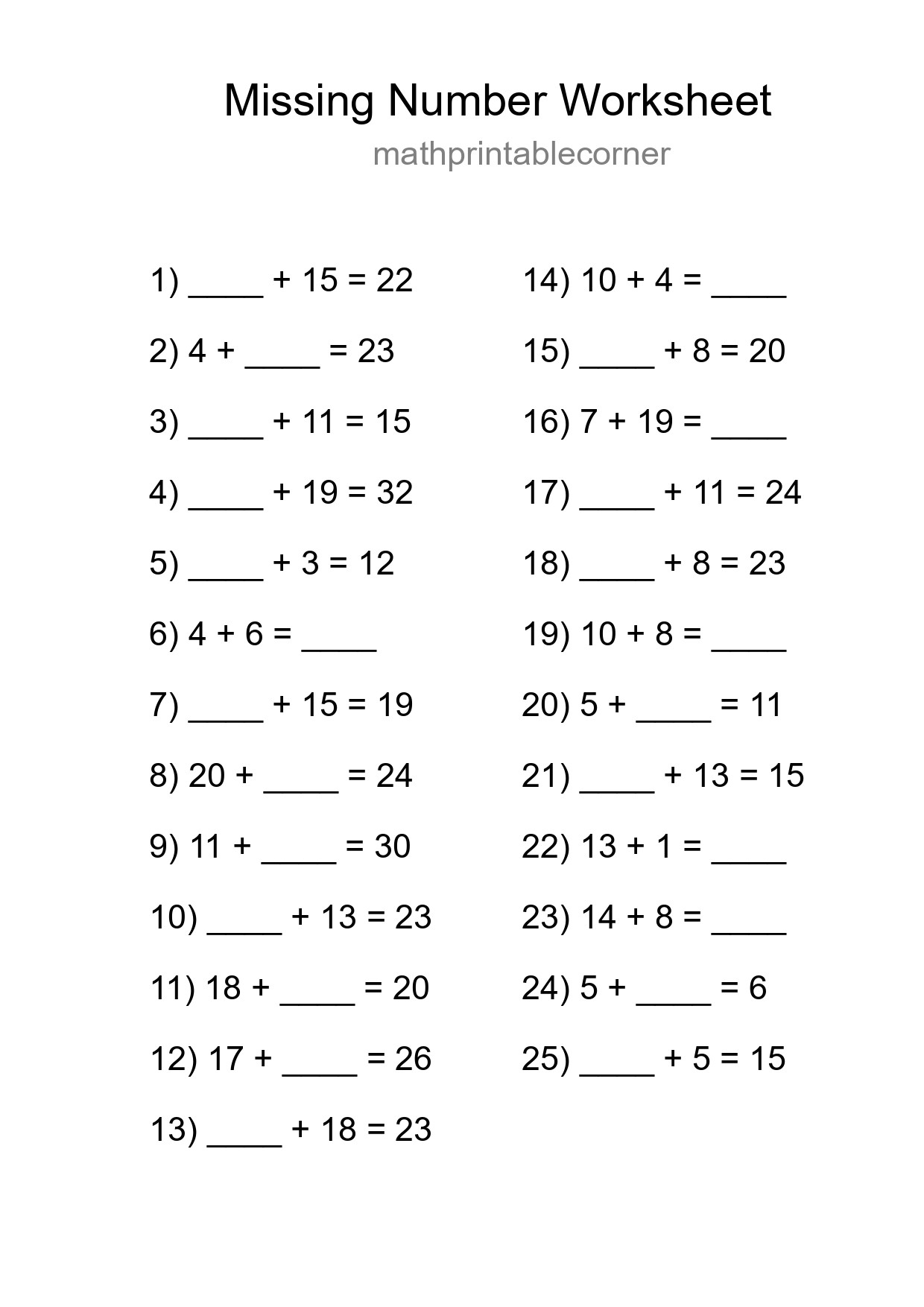 Missing Number Math Worksheet
