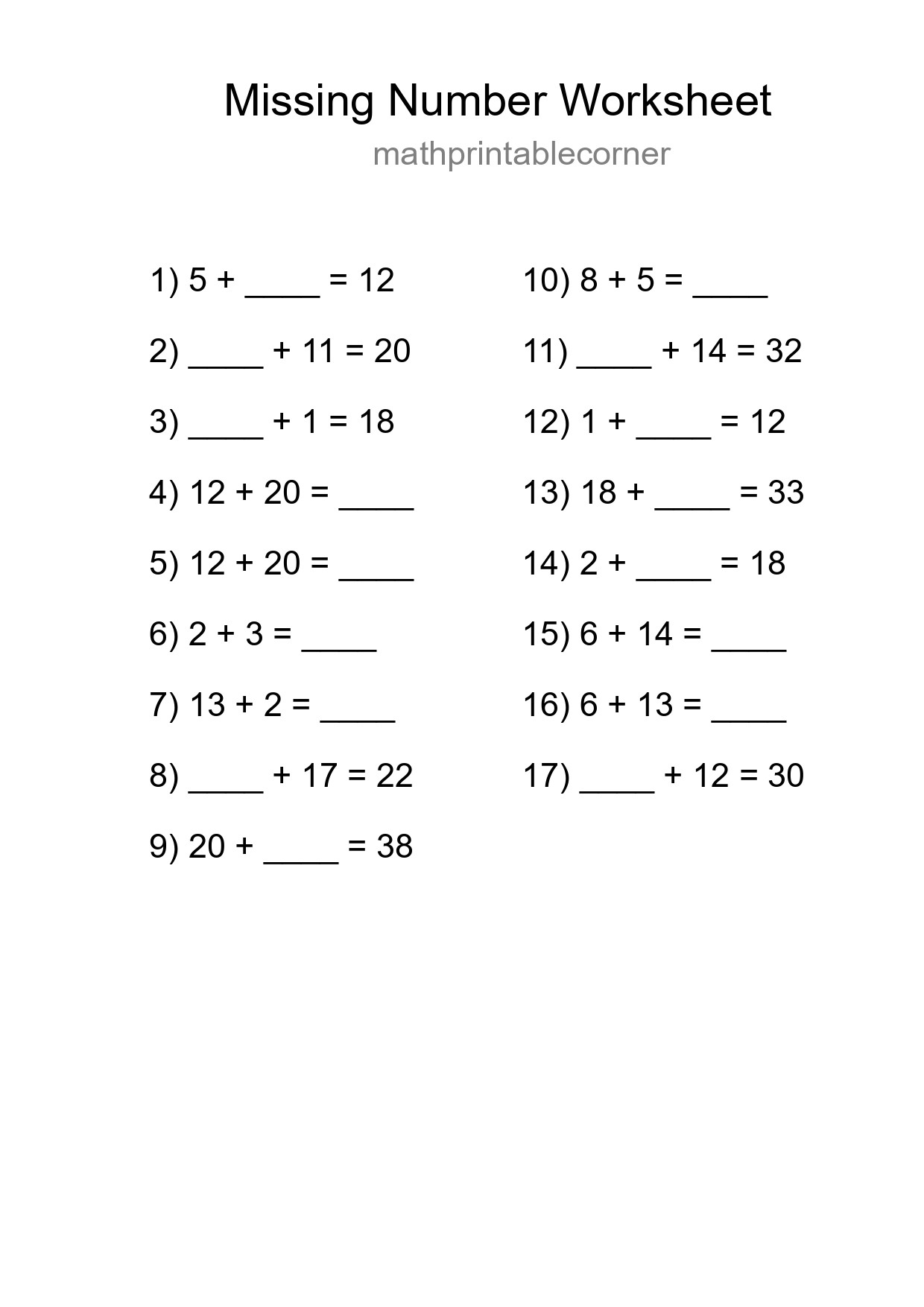 Missing Number Math Worksheet