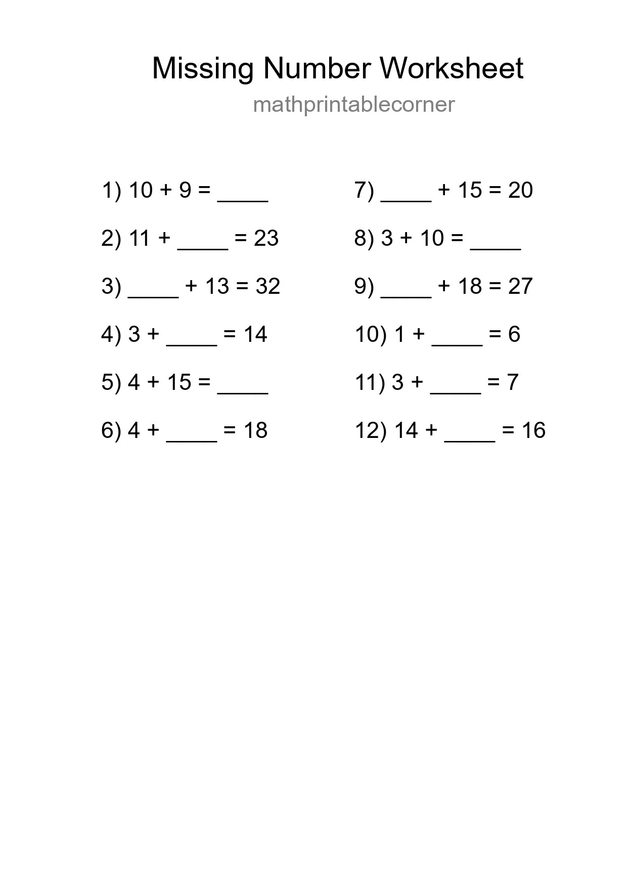 Missing Number Math Worksheet