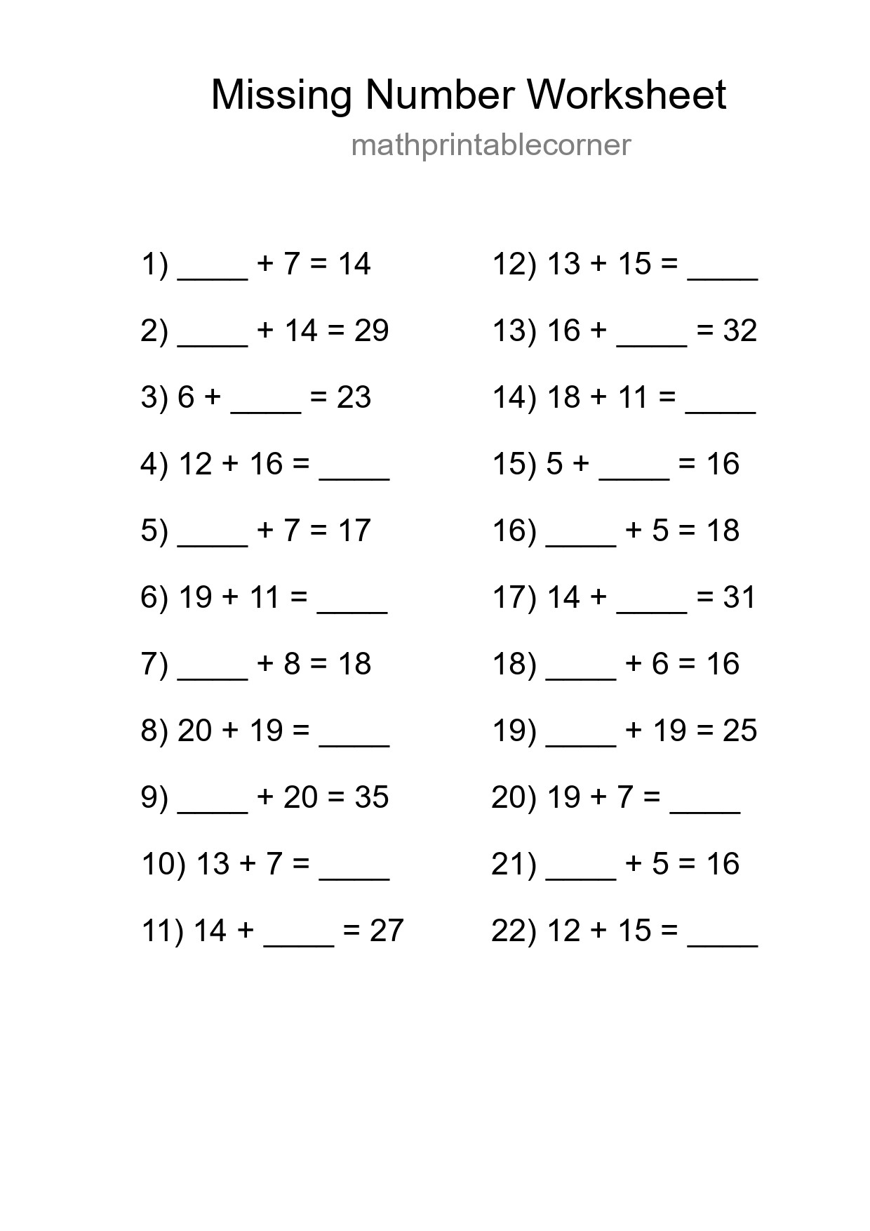 Missing Number Math Worksheet