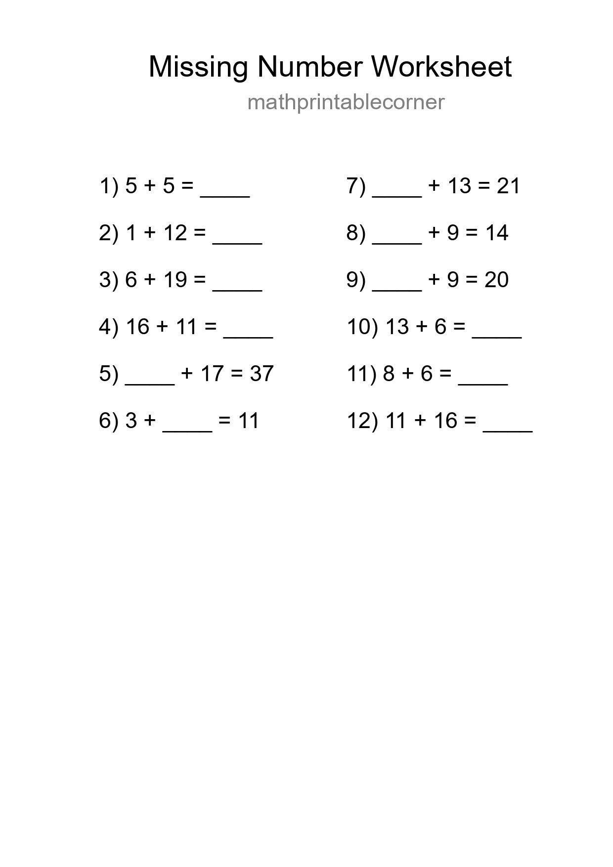Missing Number Math Worksheet