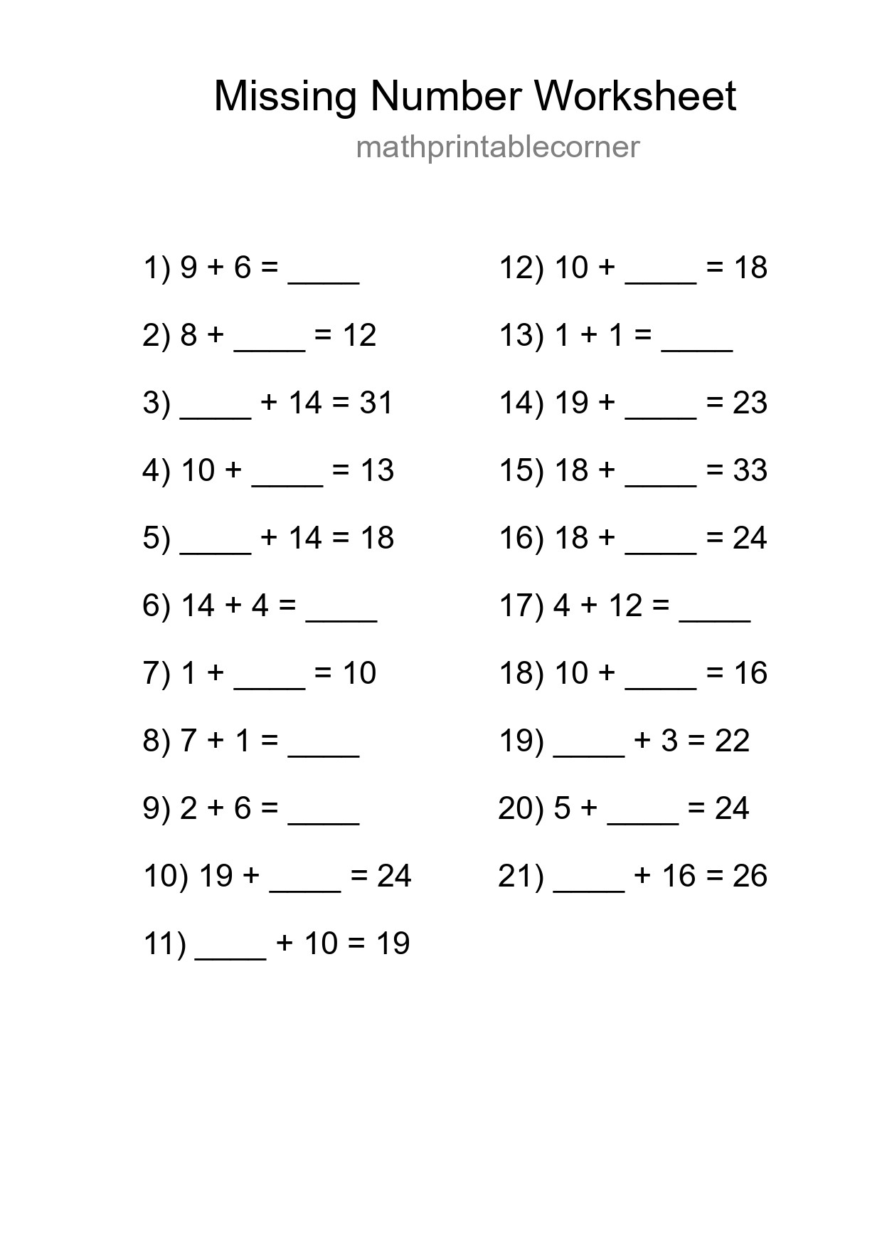 Missing Number Math Worksheet