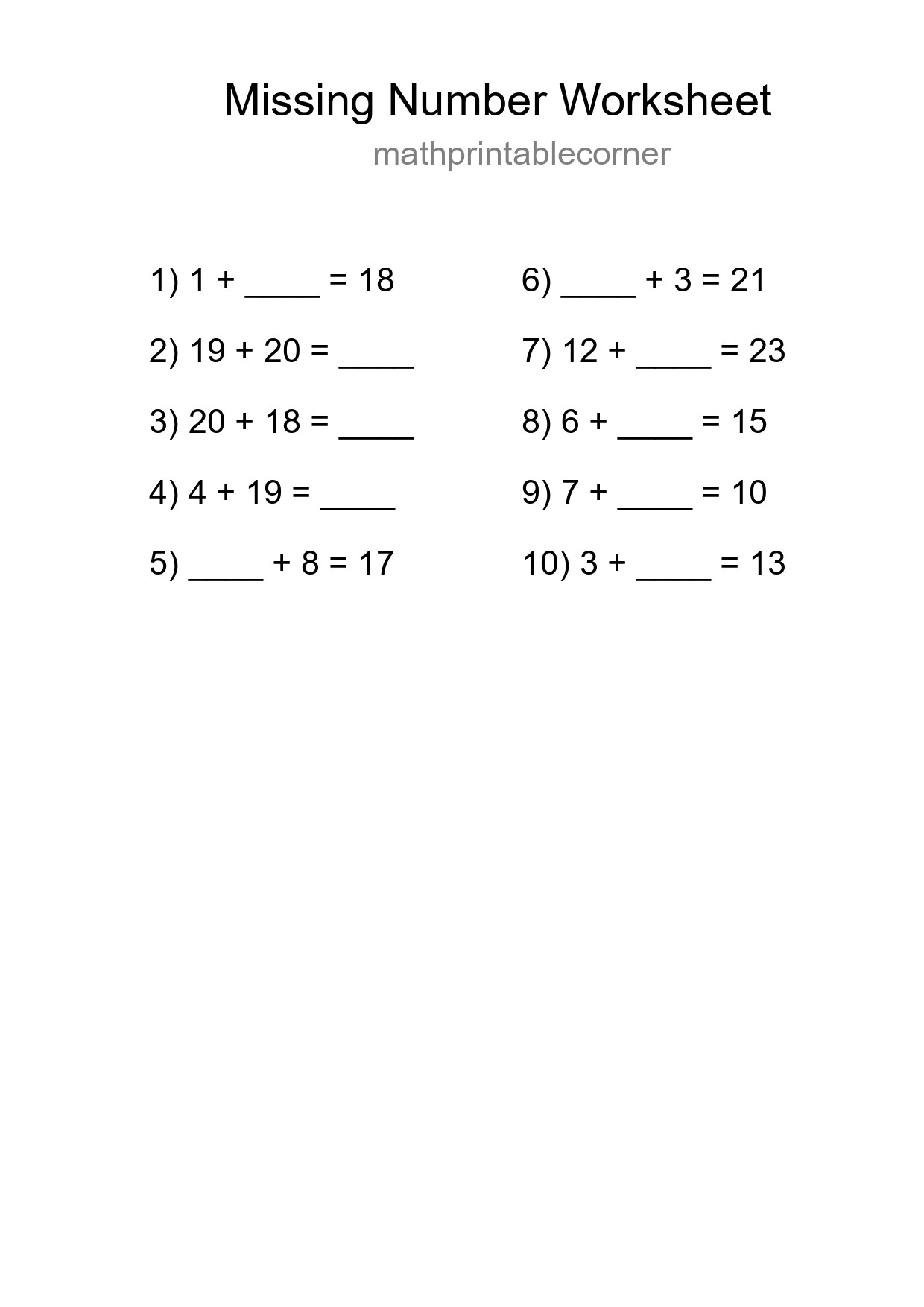 Missing Number Math Worksheet