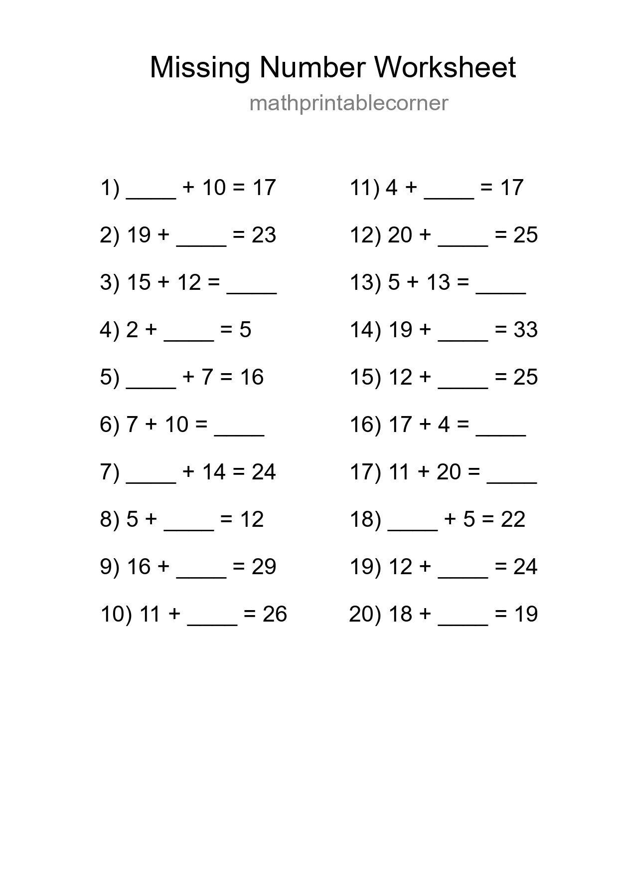 Missing Number Math Worksheet