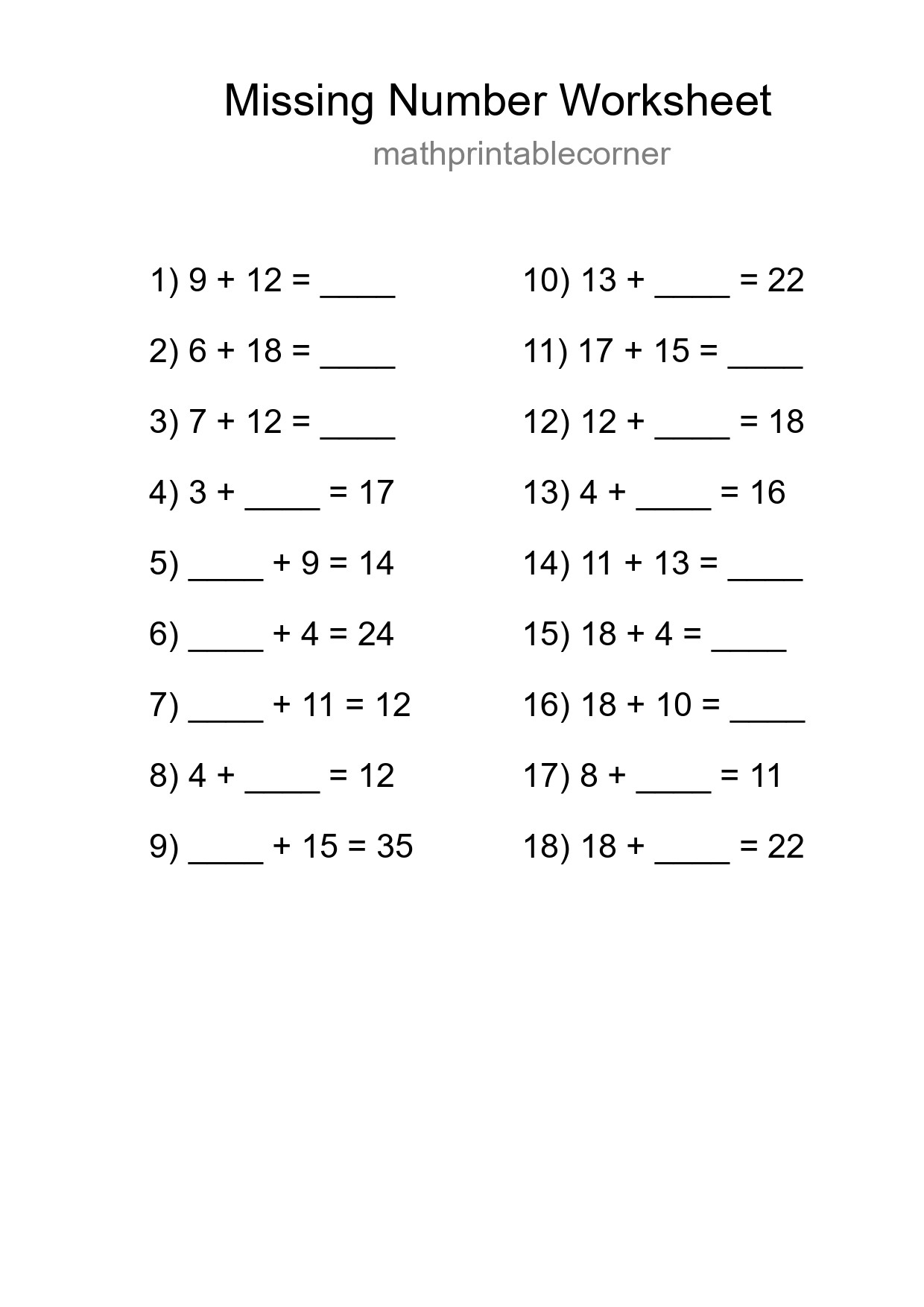 Missing Number Math Worksheet