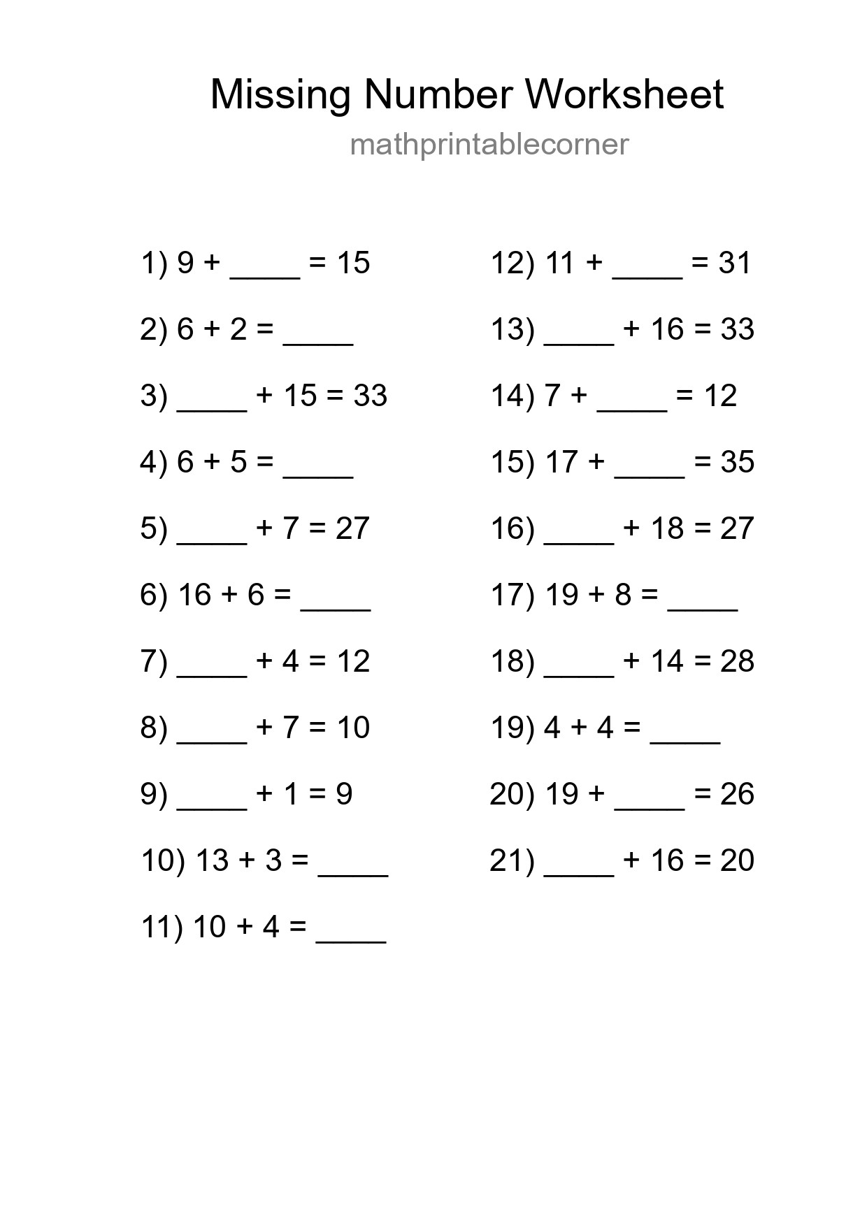 Missing Number Math Worksheet