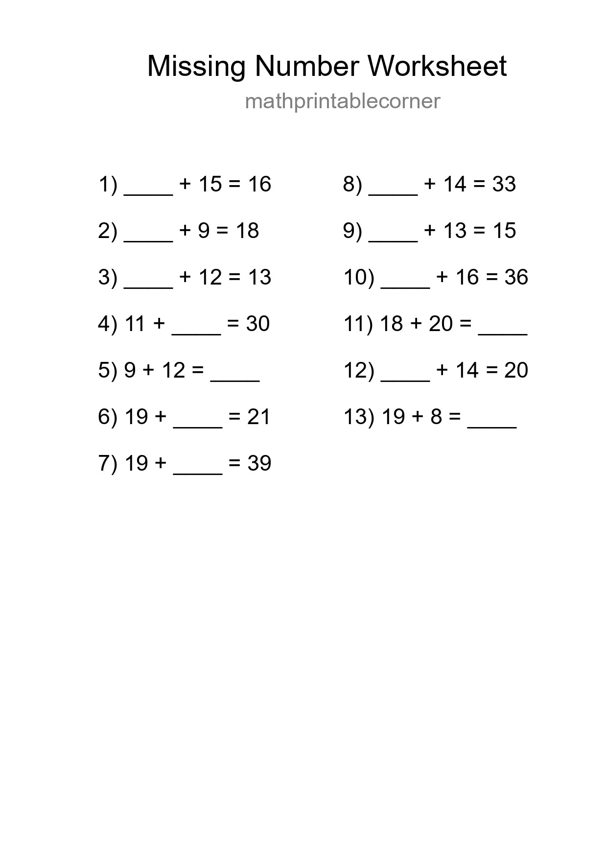 Missing Number Math Worksheet