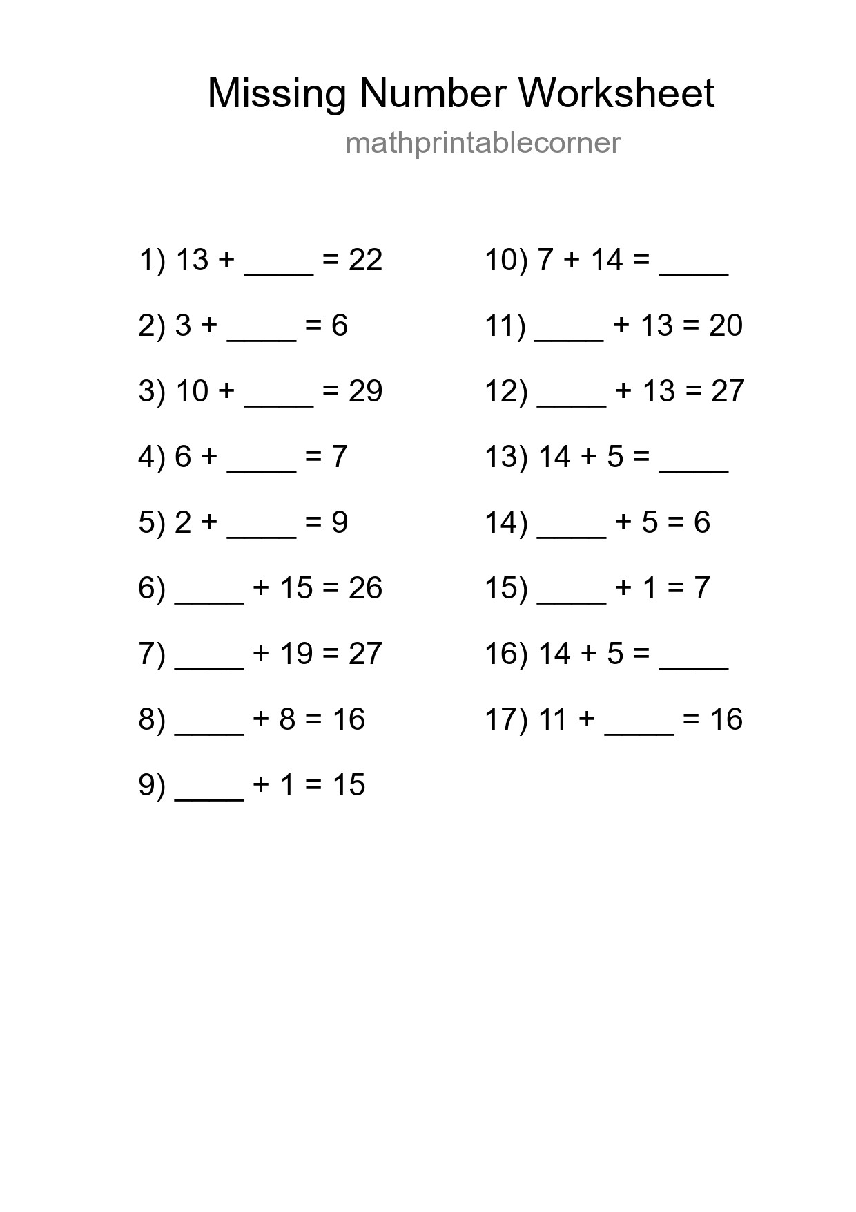 Missing Number Math Worksheet