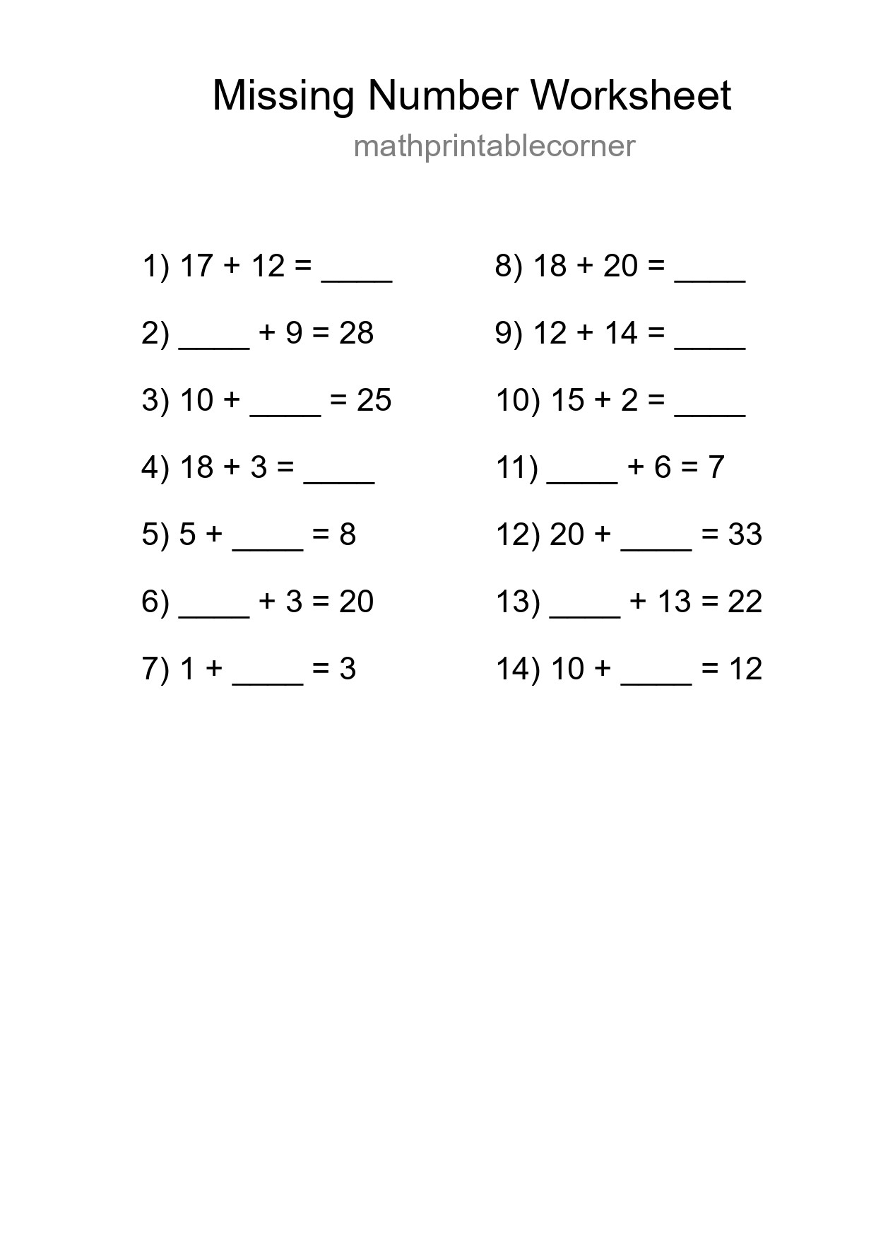 Missing Number Math Worksheet