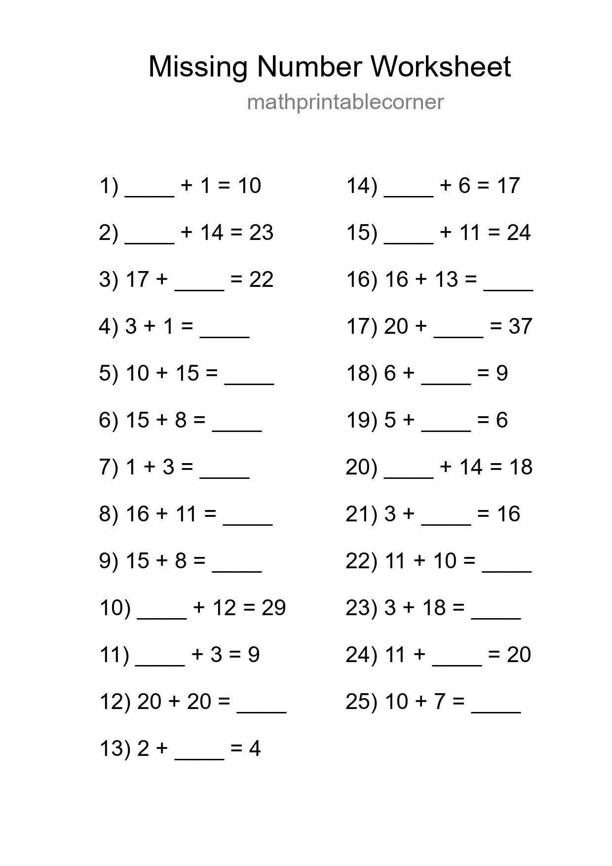 Missing Number Math Worksheet