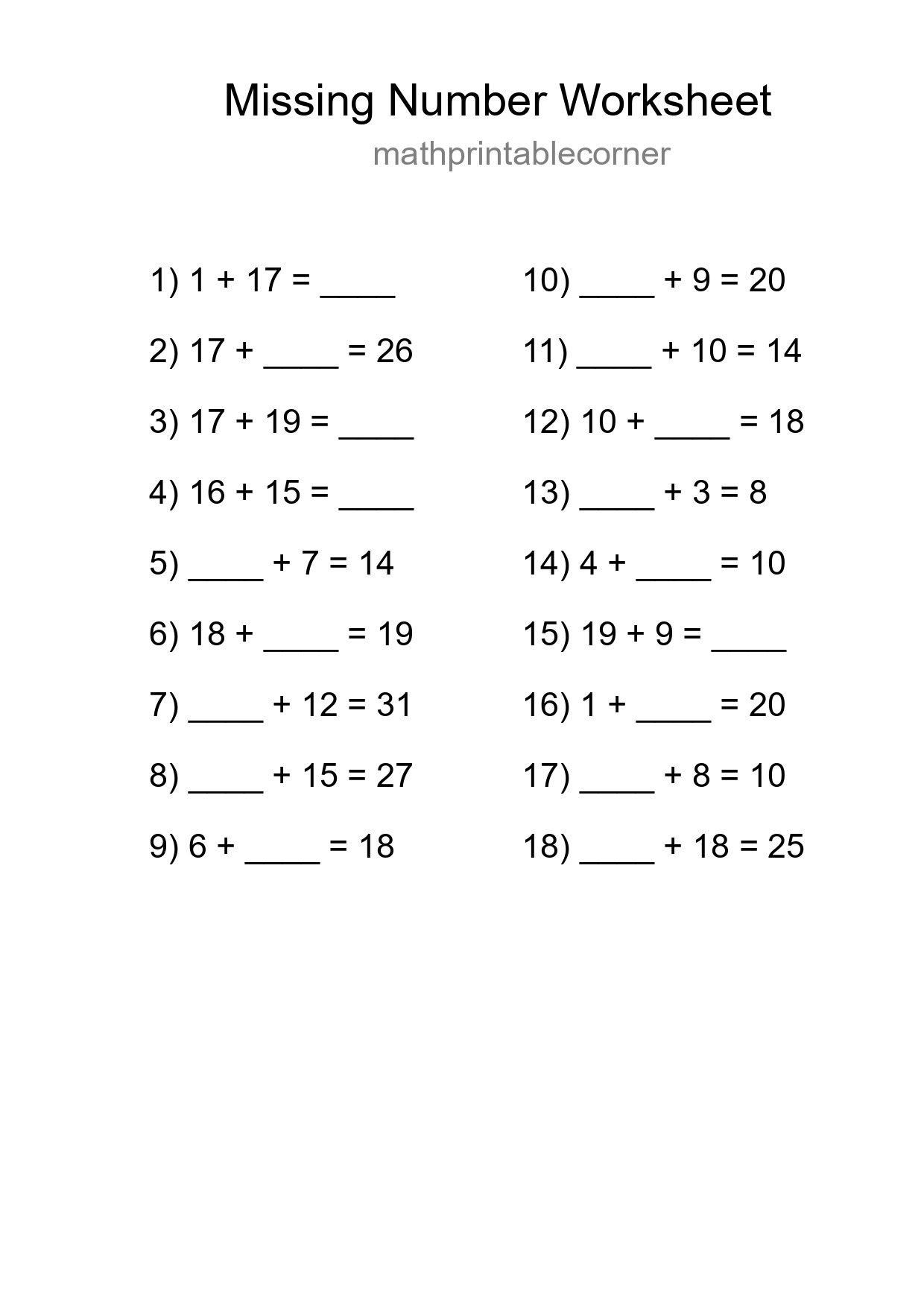 Missing Number Math Worksheet