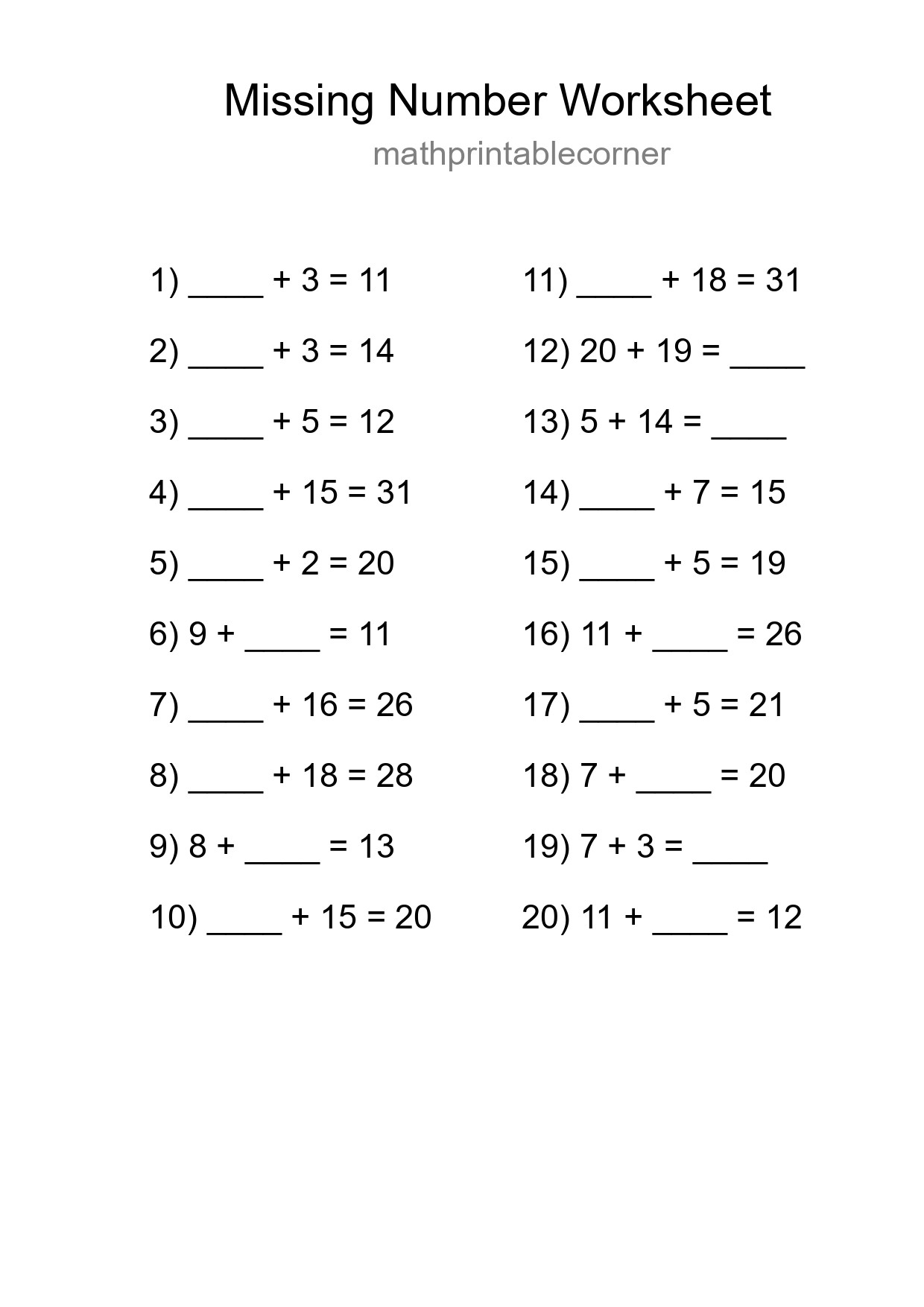 Missing Number Math Worksheet