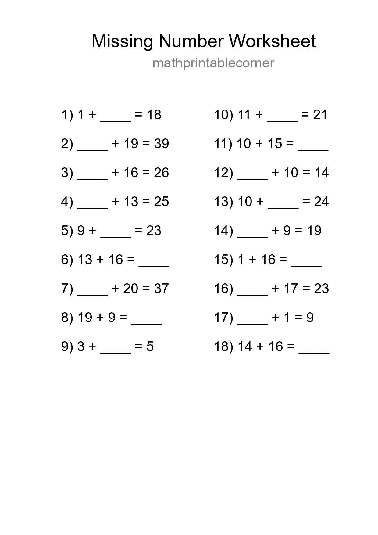Missing Number Math Worksheet