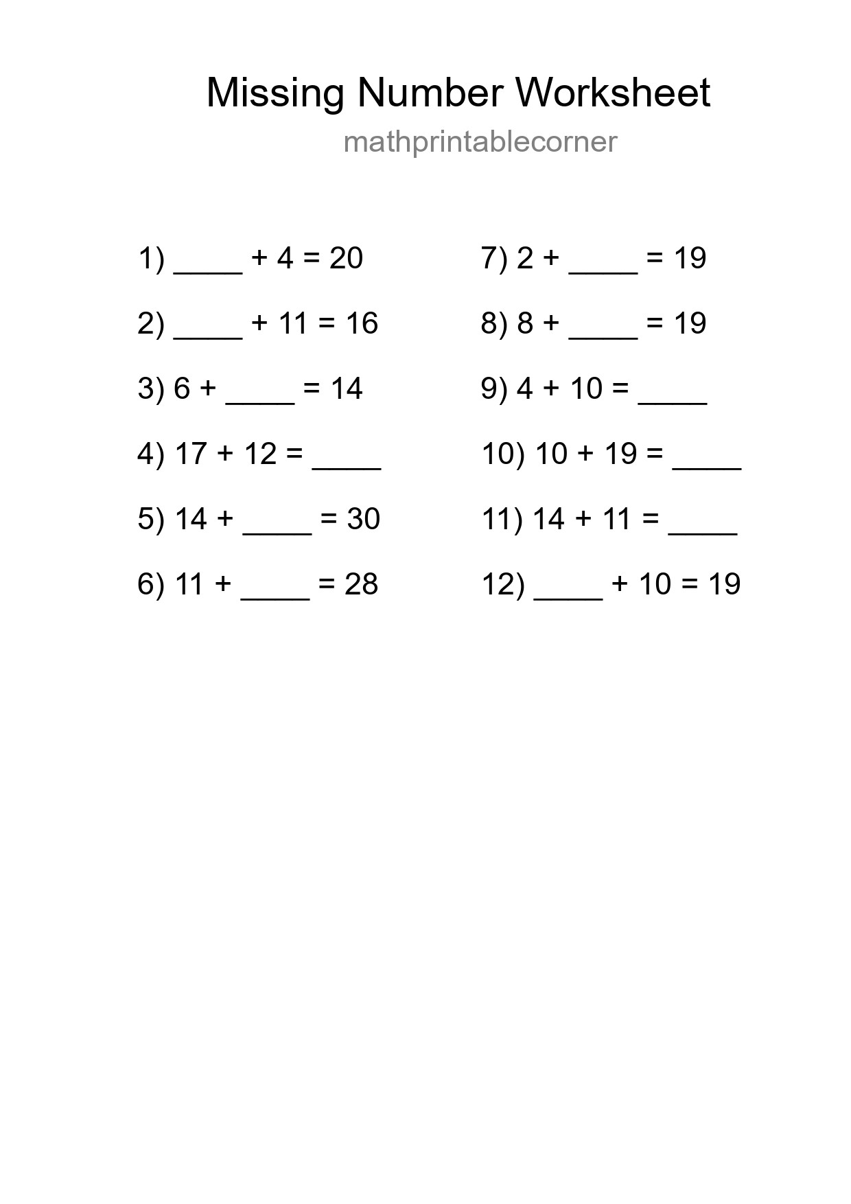 Missing Number Math Worksheet