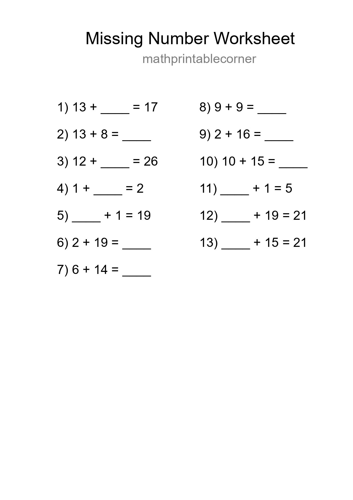 Missing Number Math Worksheet