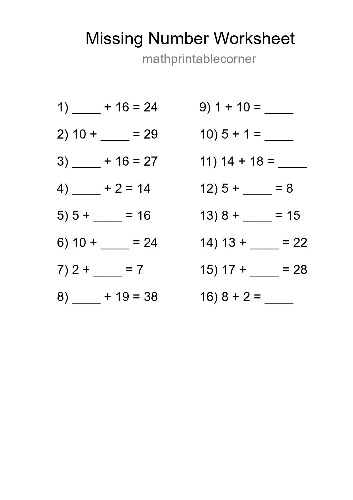 Missing Number Math Worksheet