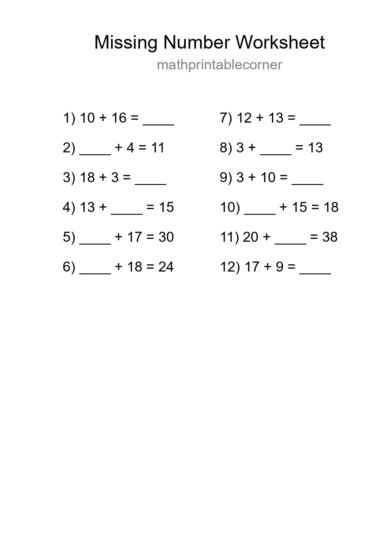 Missing Number Math Worksheet