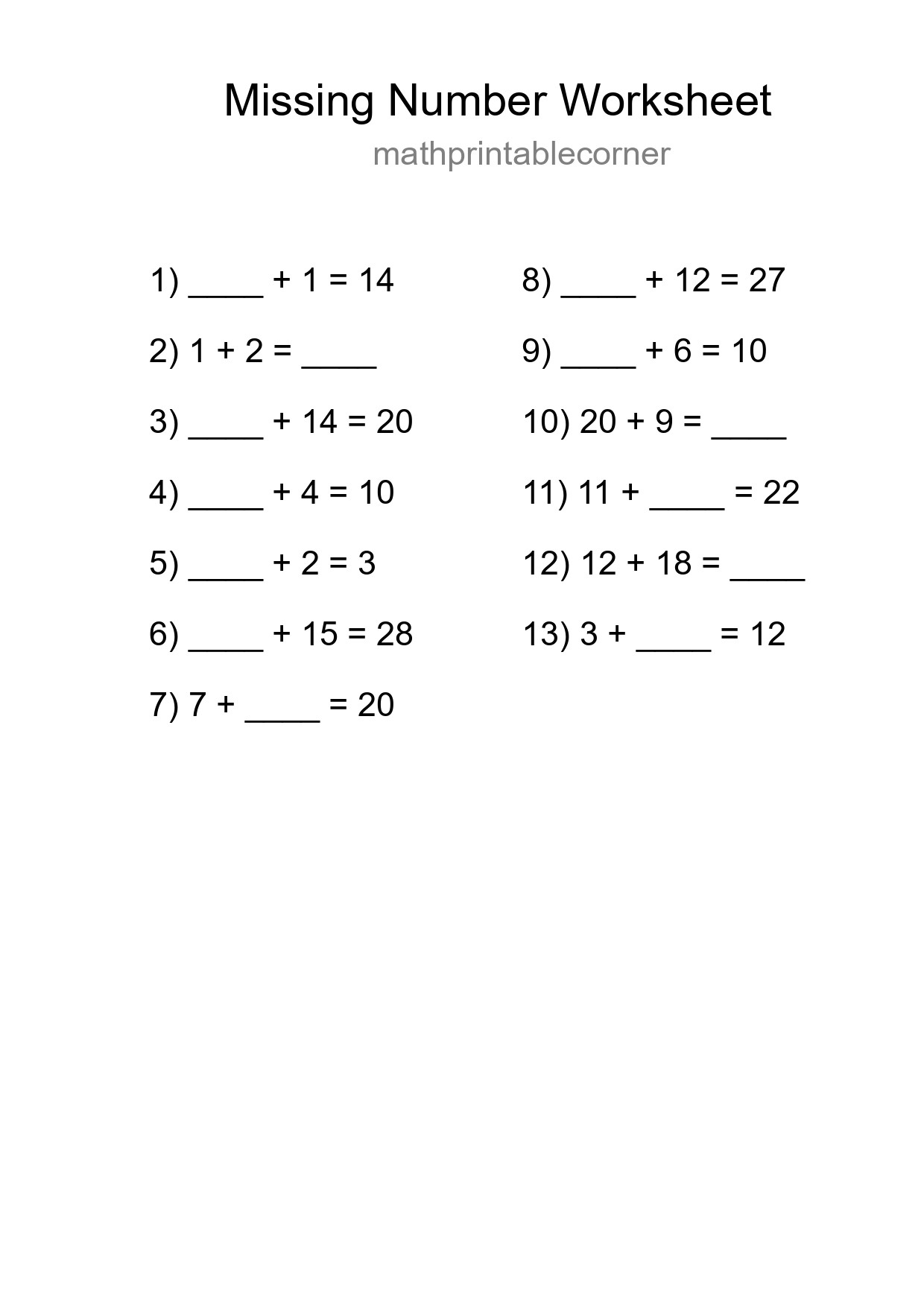 Missing Number Math Worksheet