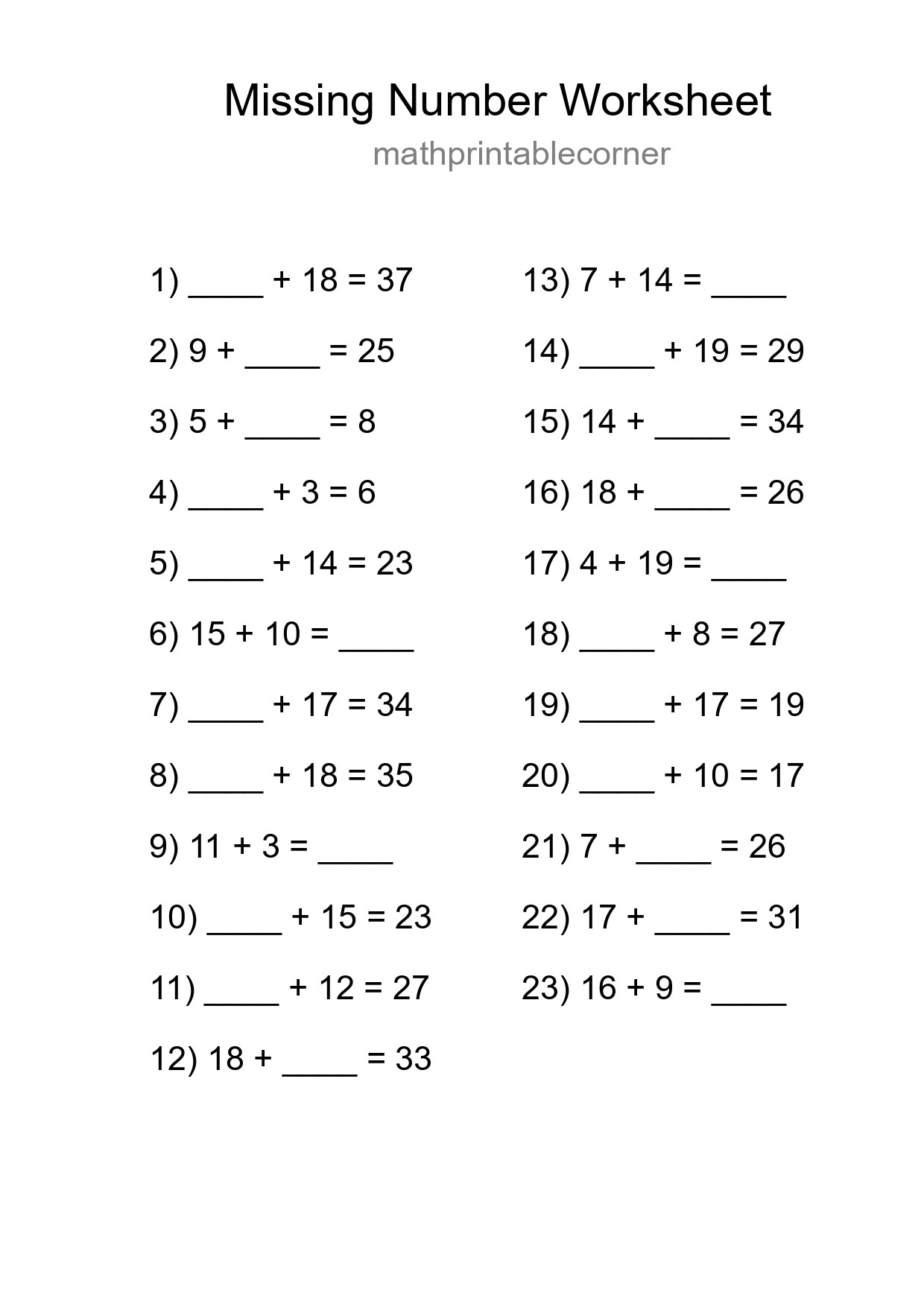 Missing Number Math Worksheet