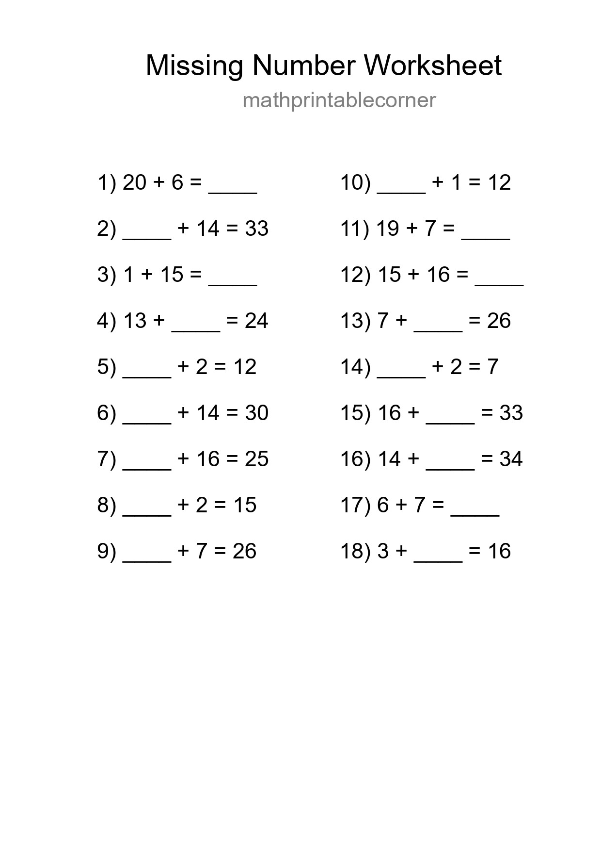 Missing Number Math Worksheet