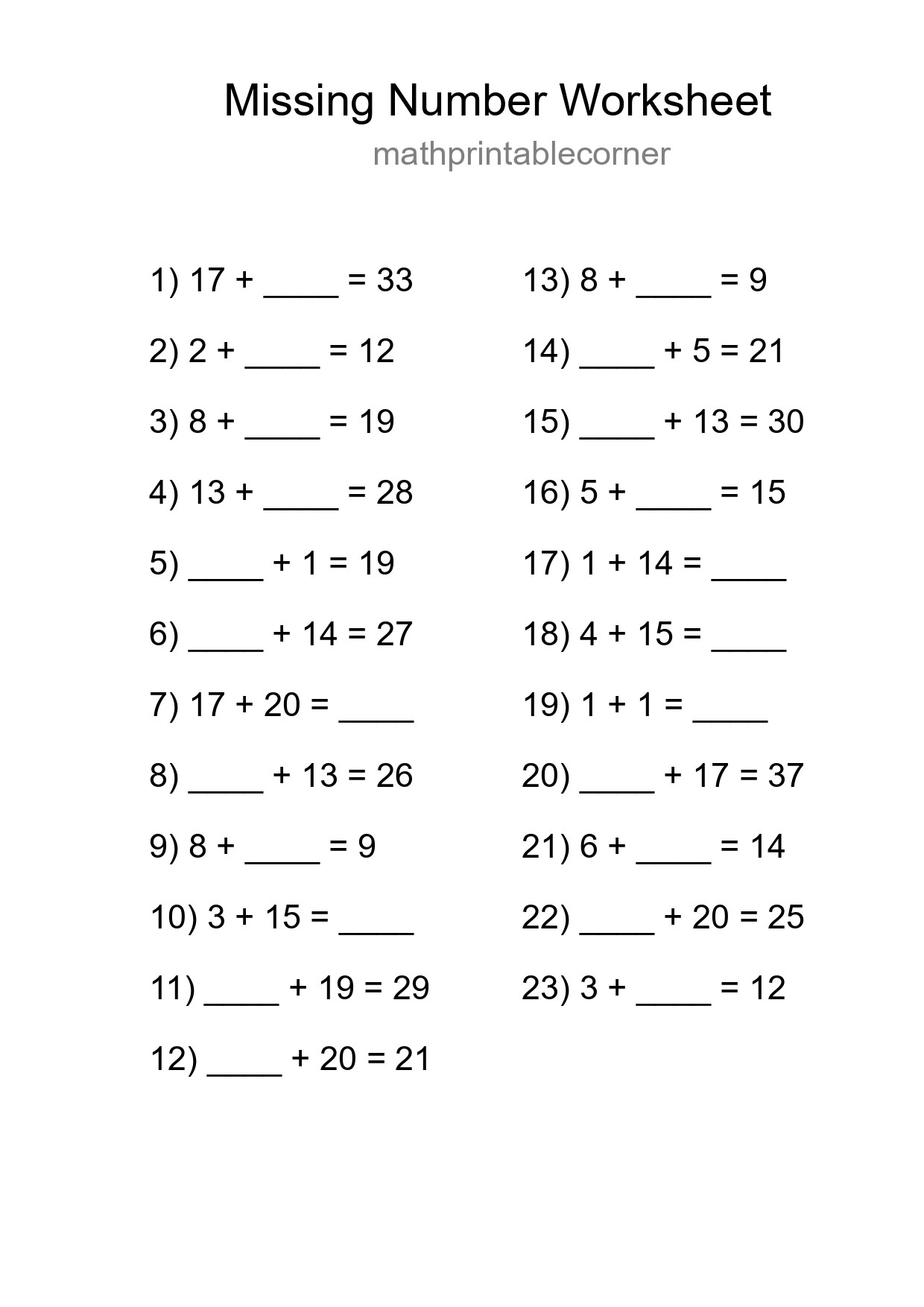 Missing Number Math Worksheet