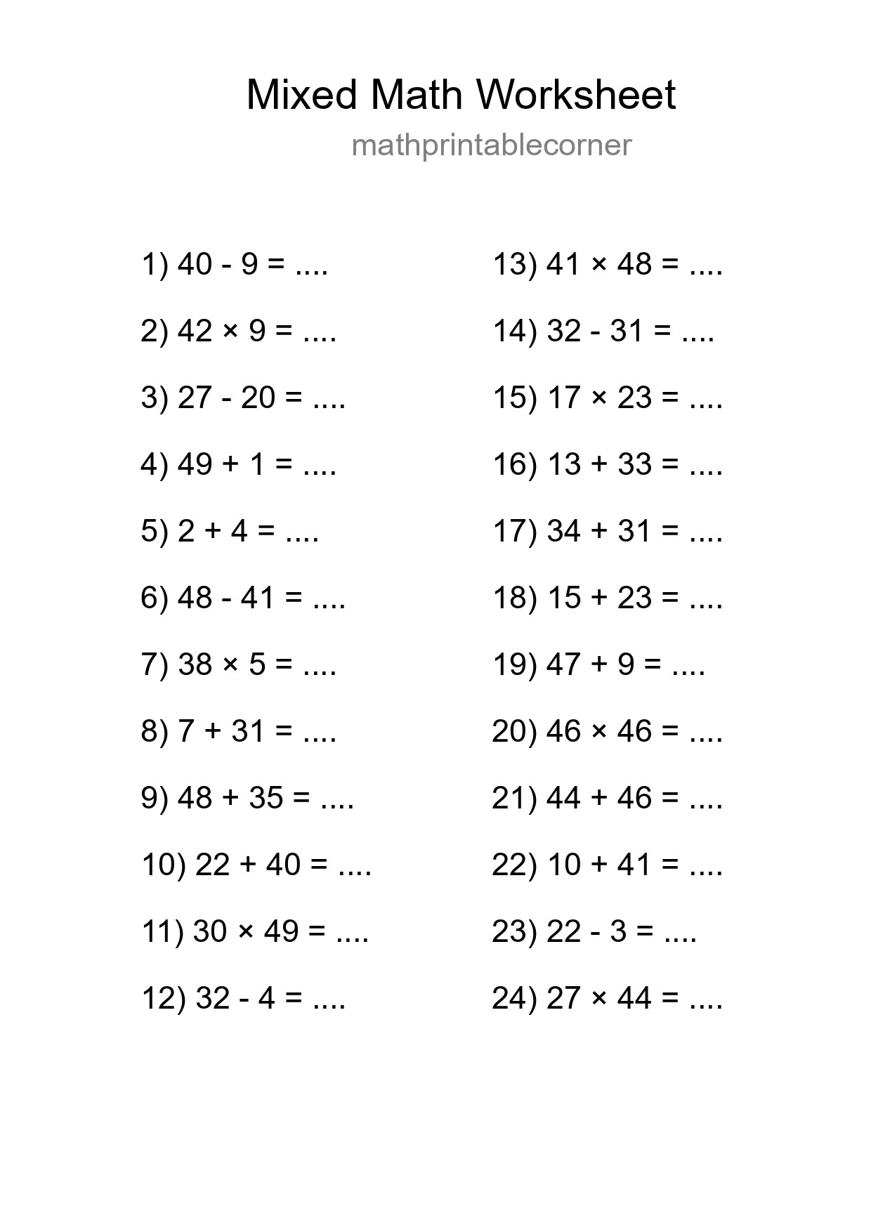 Mixed Operations Math Worksheet