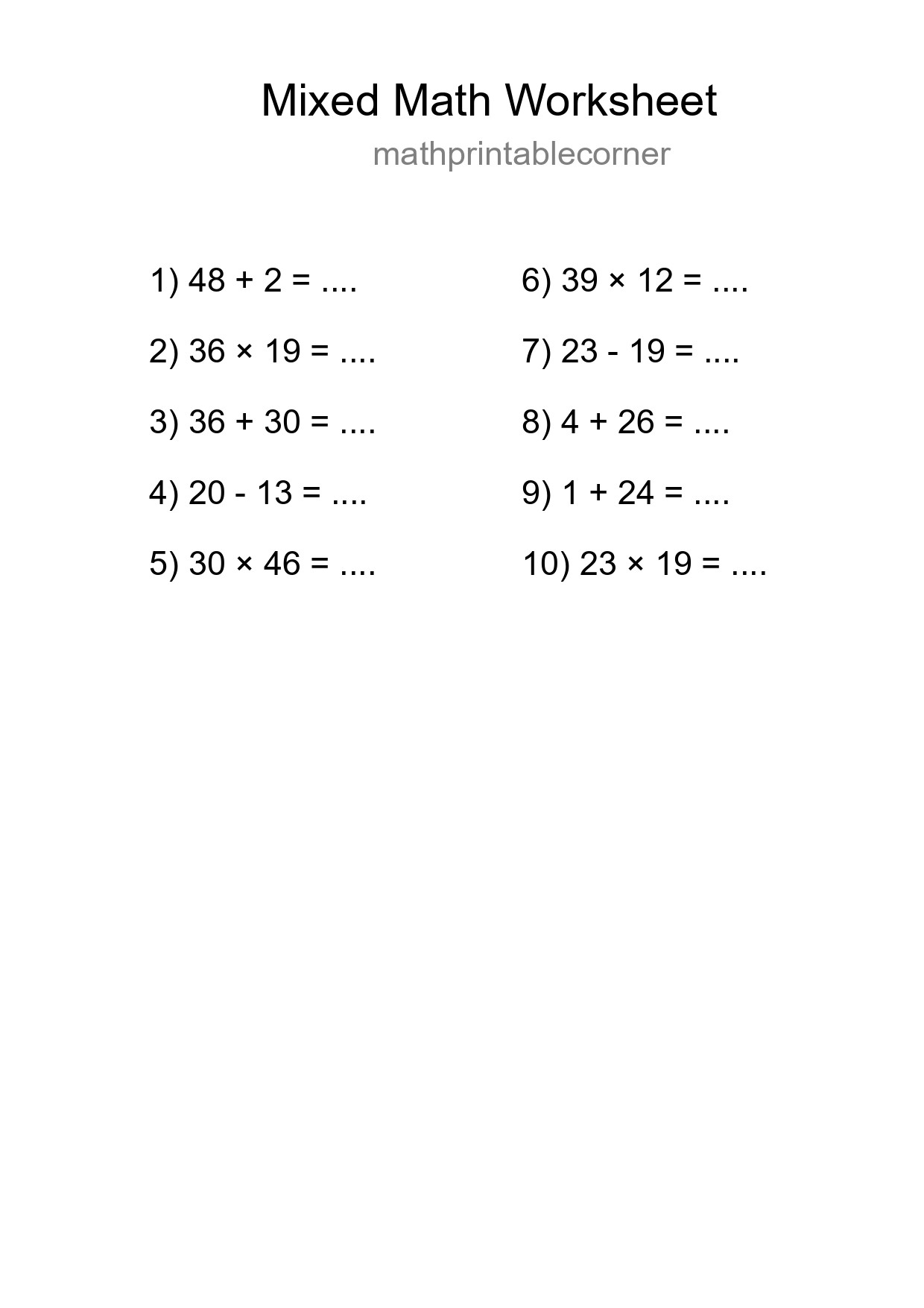 Mixed Operations Math Worksheet