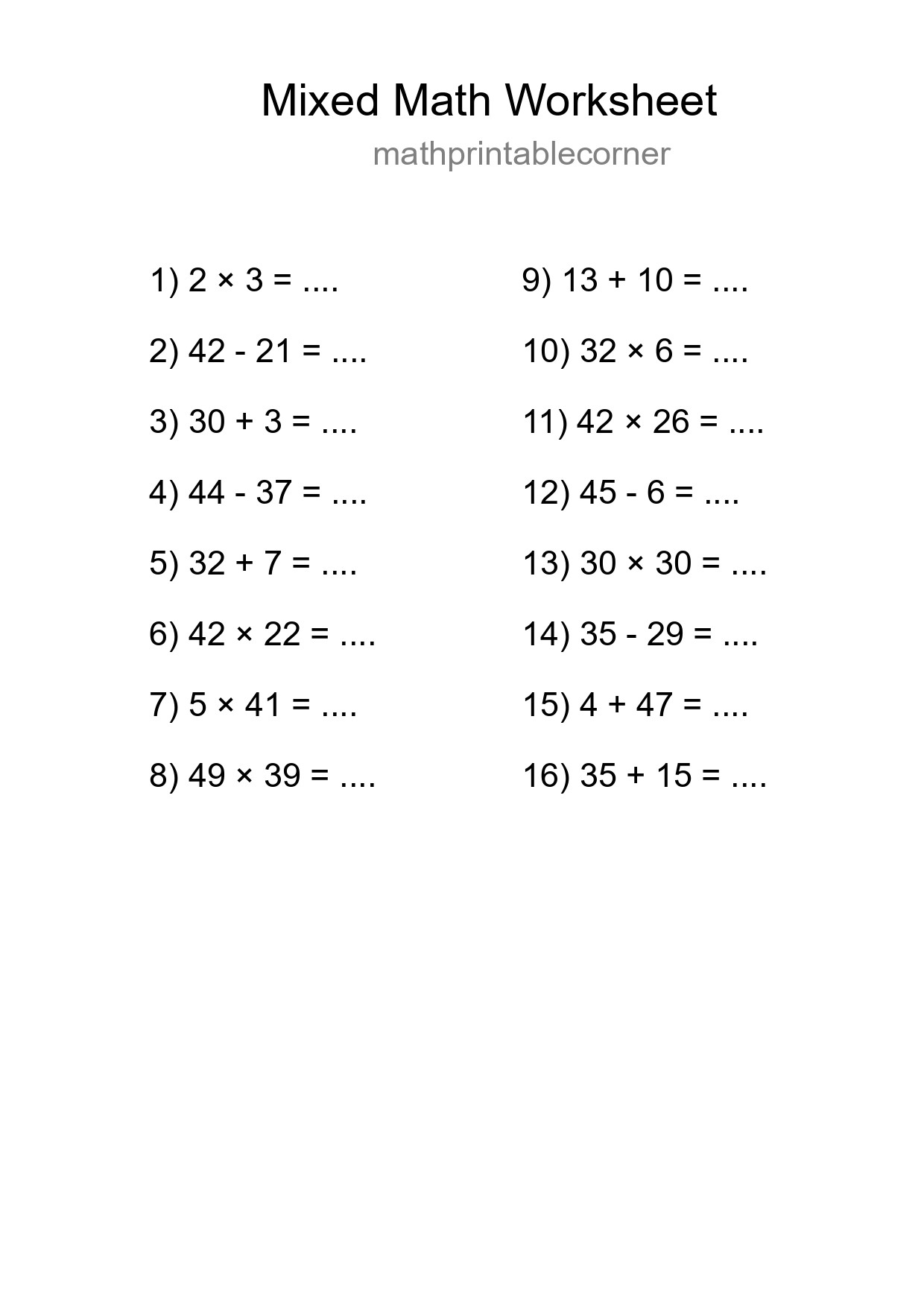Mixed Operations Math Worksheet