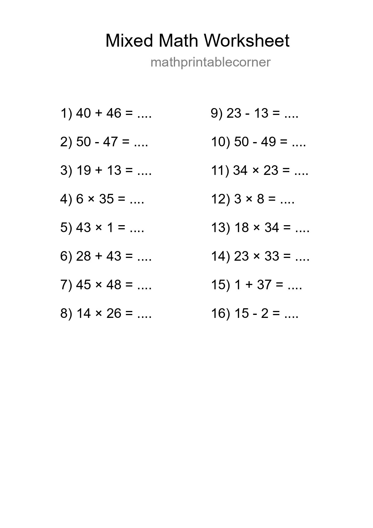 Mixed Operations Math Worksheet