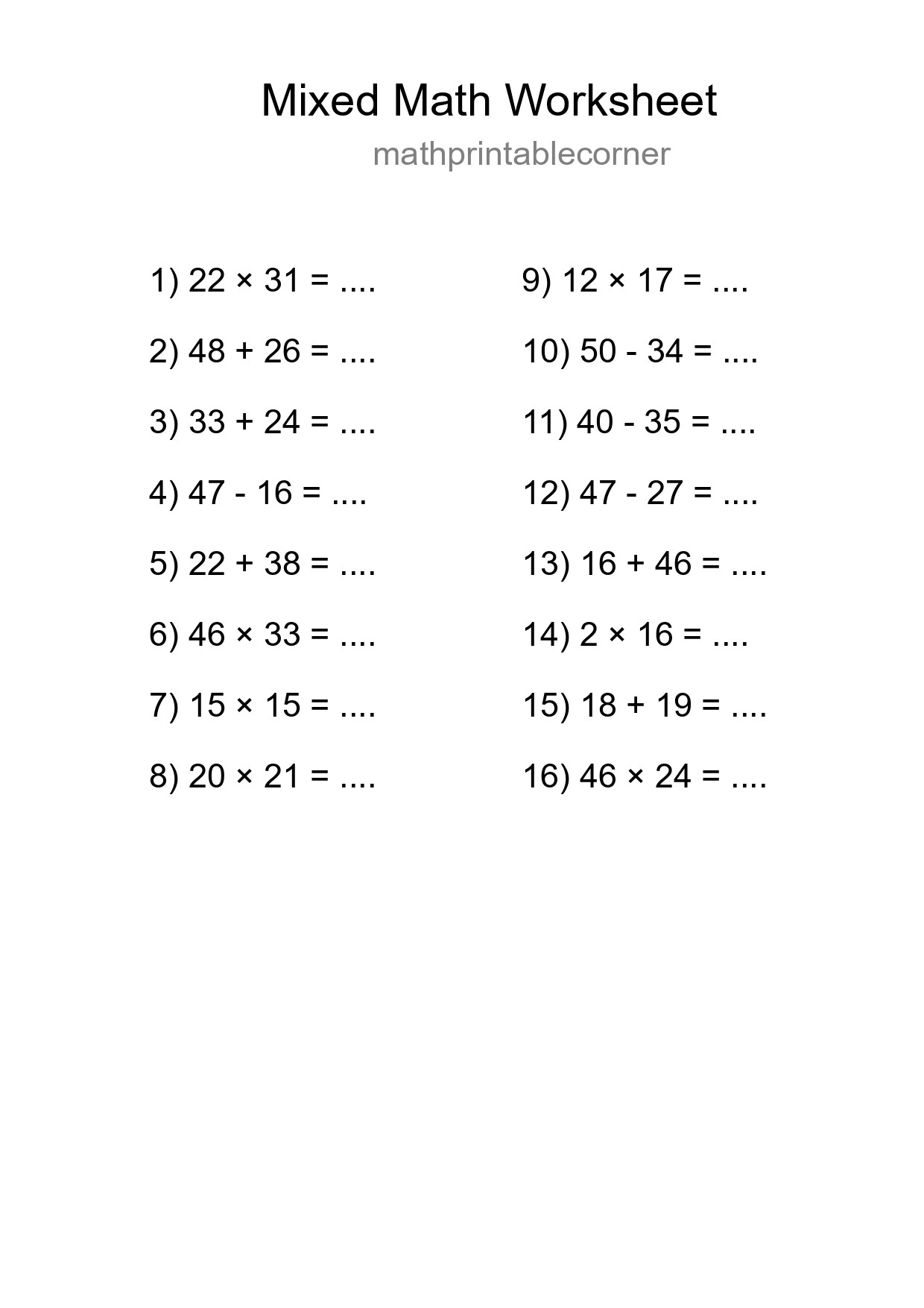 Mixed Operations Math Worksheet