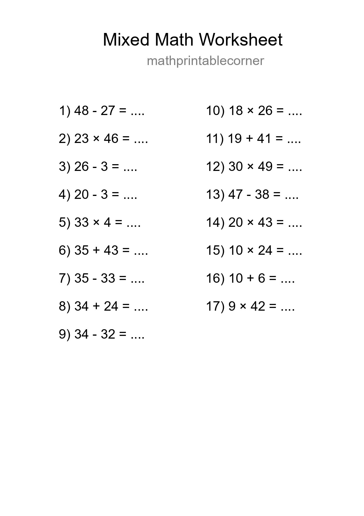 Mixed Operations Math Worksheet