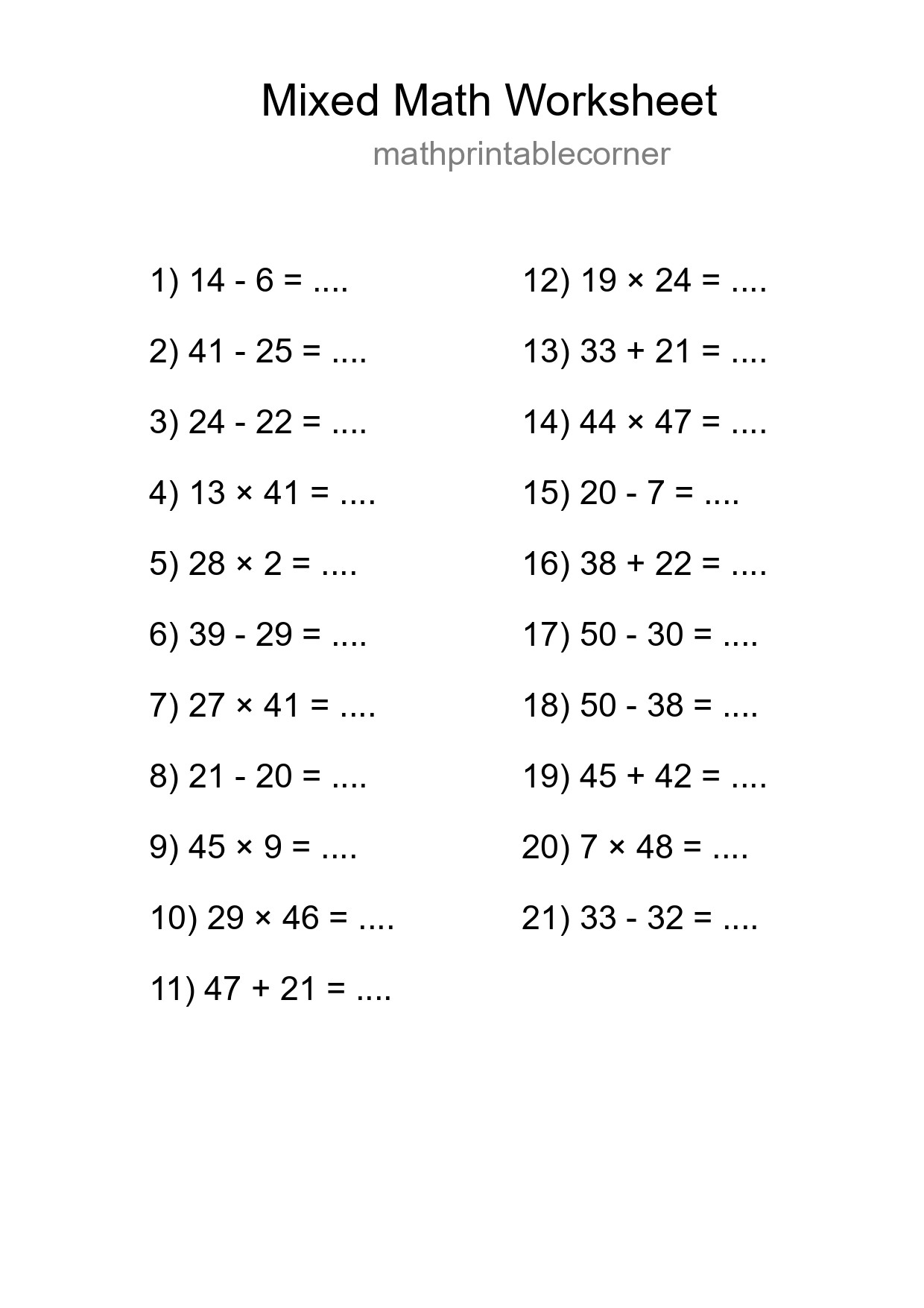 Mixed Operations Math Worksheet
