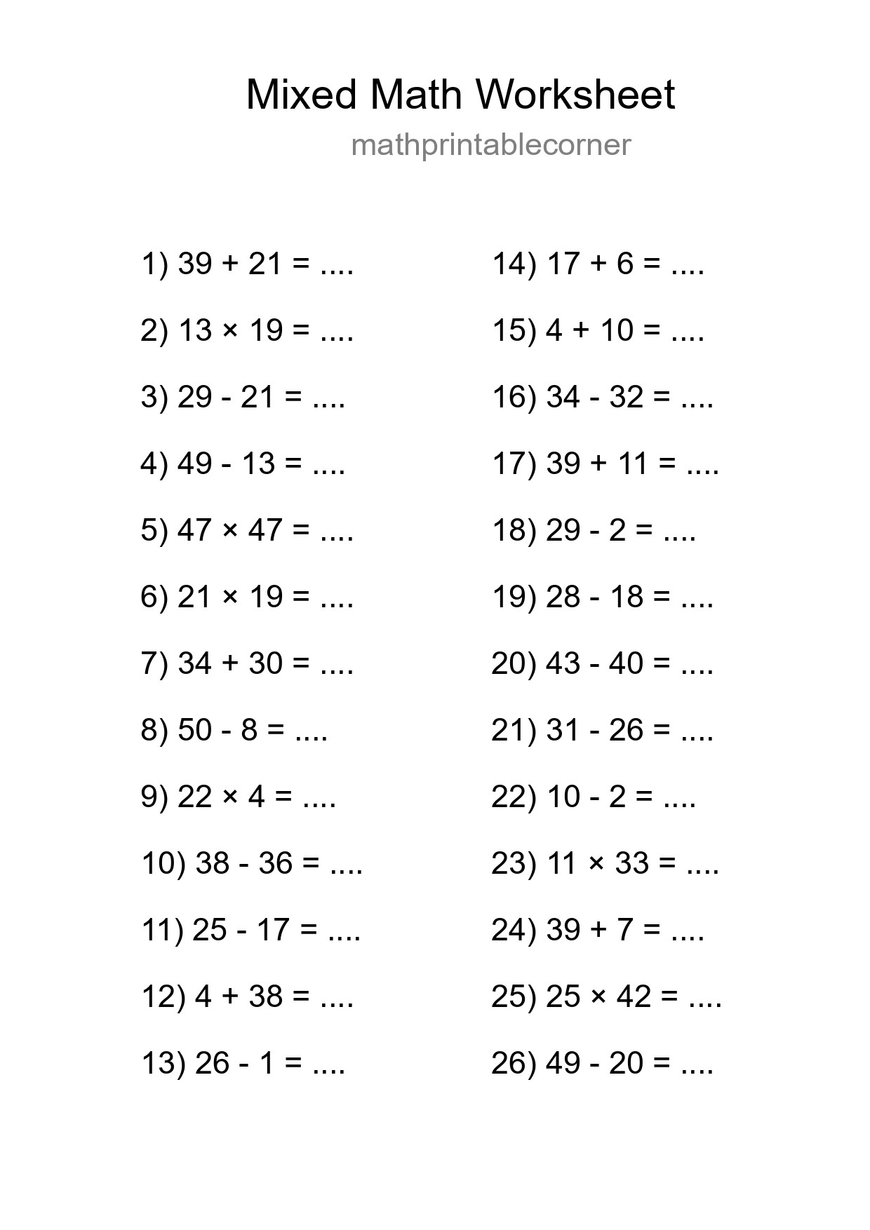 Mixed Operations Math Worksheet