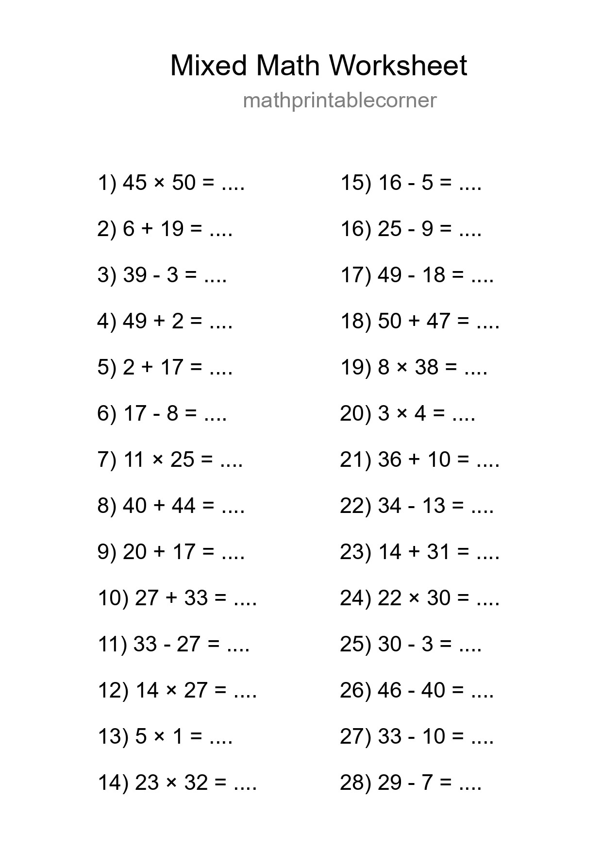 Mixed Operations Math Worksheet