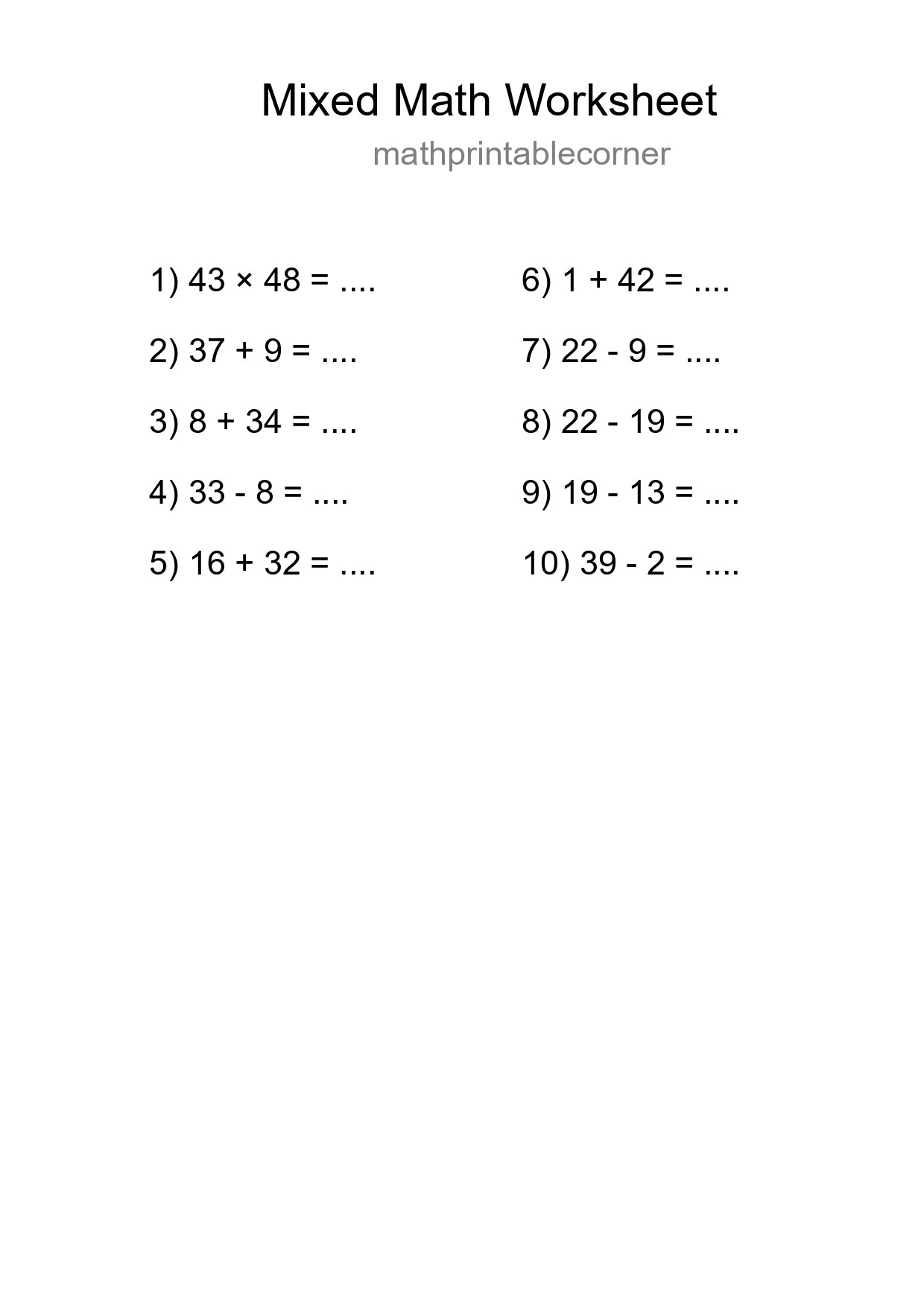 Mixed Operations Math Worksheet