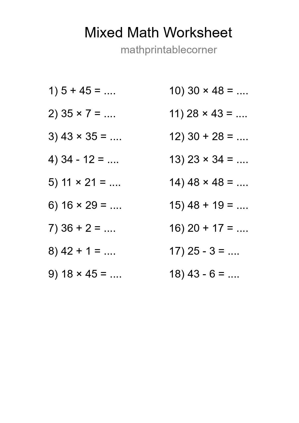 Mixed Operations Math Worksheet