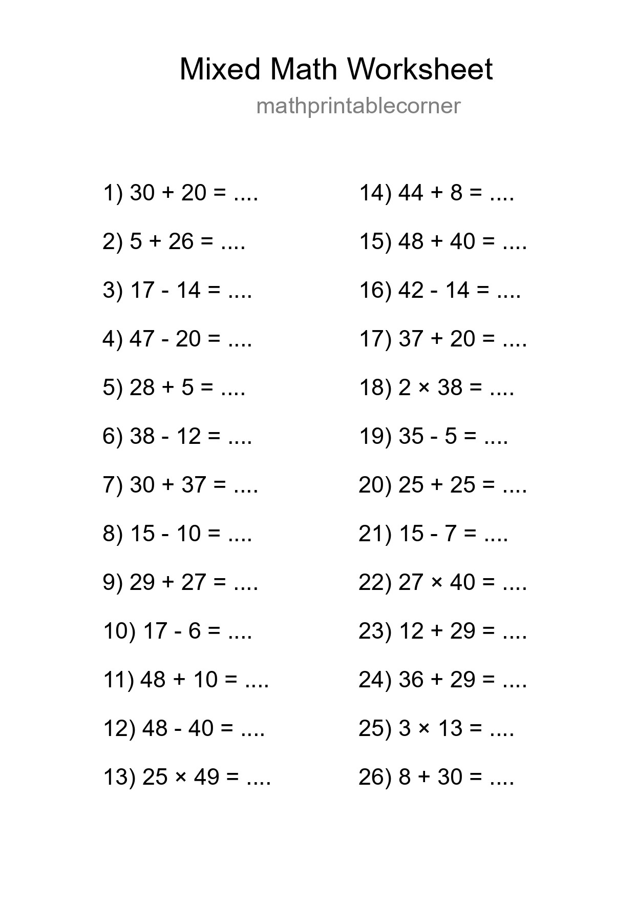 Mixed Operations Math Worksheet